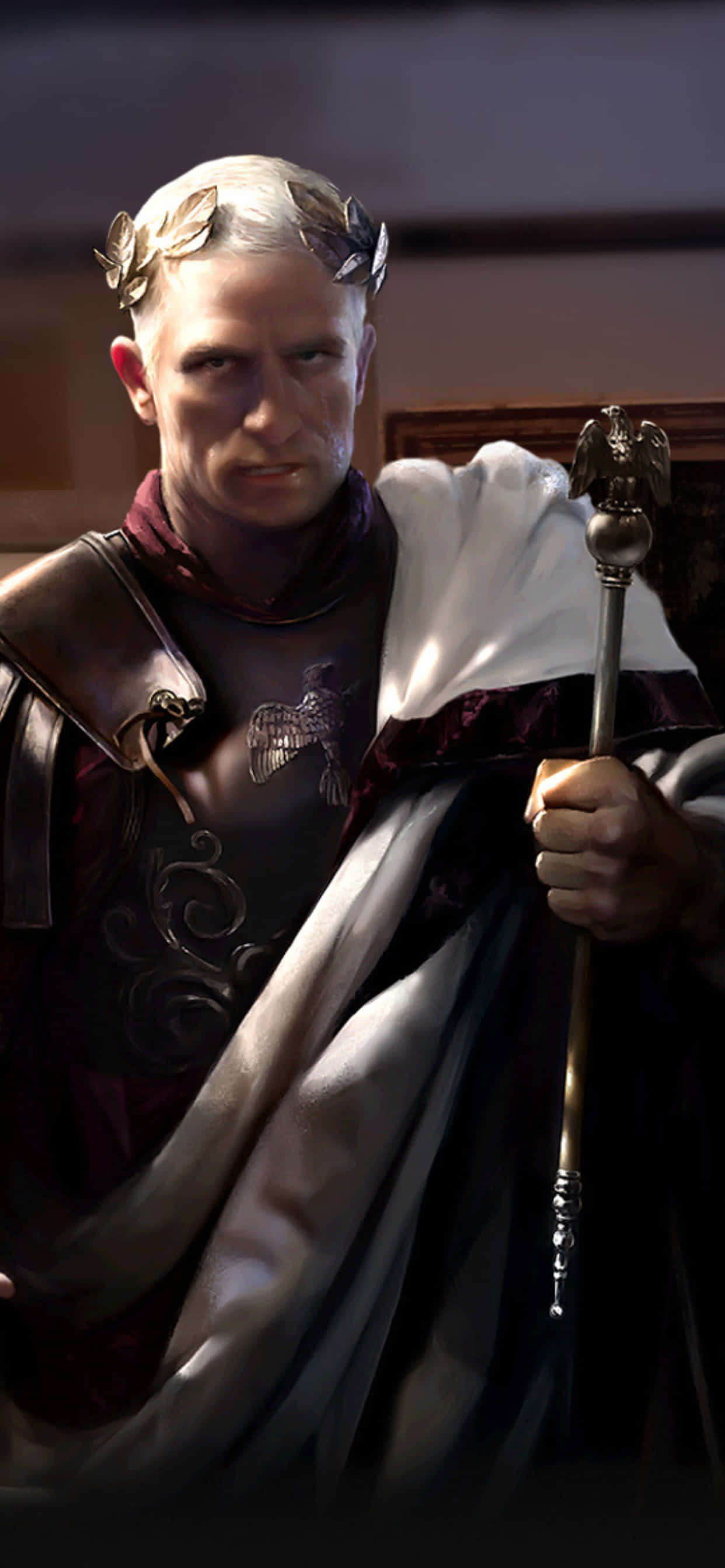 iPhone Xs Max Total War Attila 桌布 壁紙 — 一位嚴肅的羅馬皇帝，頭戴桂冠，手持鷹頭權杖，在戲劇性的燈光下凝視著。