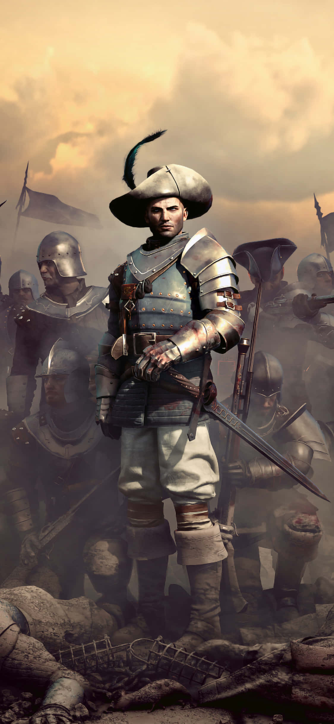 Battlefield 桌布 壁紙 — 一位嚴肅的裝甲士兵戴著羽毛帽，在暴風雨的天空下，挑釁地站在倒下的戰友和戰鬥殘骸中。