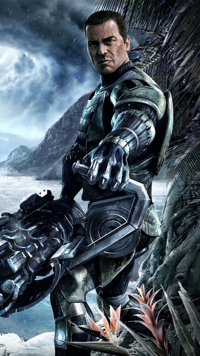 Android Crysis Warhead 桌布 壁紙 — 一位嚴肅的裝甲戰士站在風暴中的熱帶景觀中，手持重型武器。