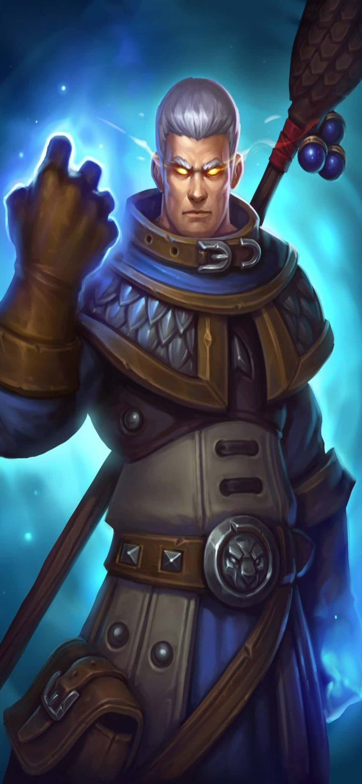 iPhone Xs Max Hearthstone 桌布 壁紙 — 一位嚴肅的裝甲法師，擁有發光的黃色眼睛，在宇宙背景下手持法杖引導藍色能量。