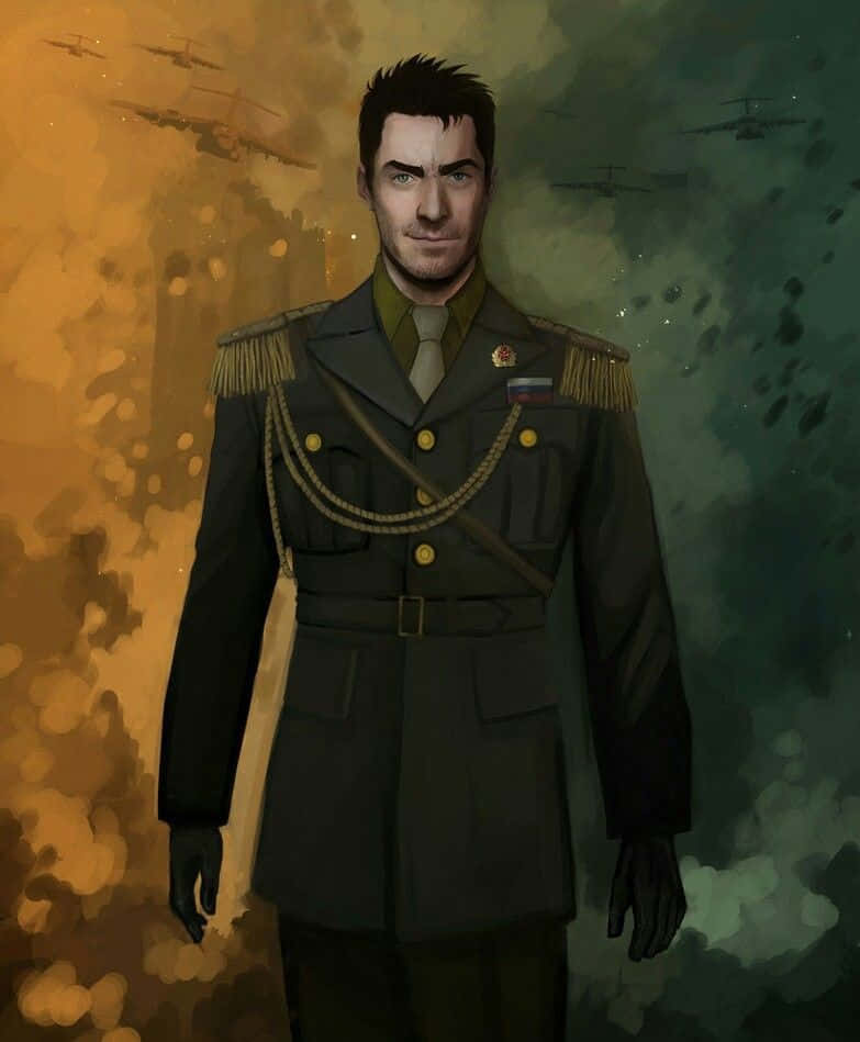 Call Of Duty Vladimir Makarov 桌布 壁紙 — 一位嚴肅的軍官穿著華麗的制服，站在煙霧瀰漫的戰場背景下，戰鬥機在頭頂飛過。
