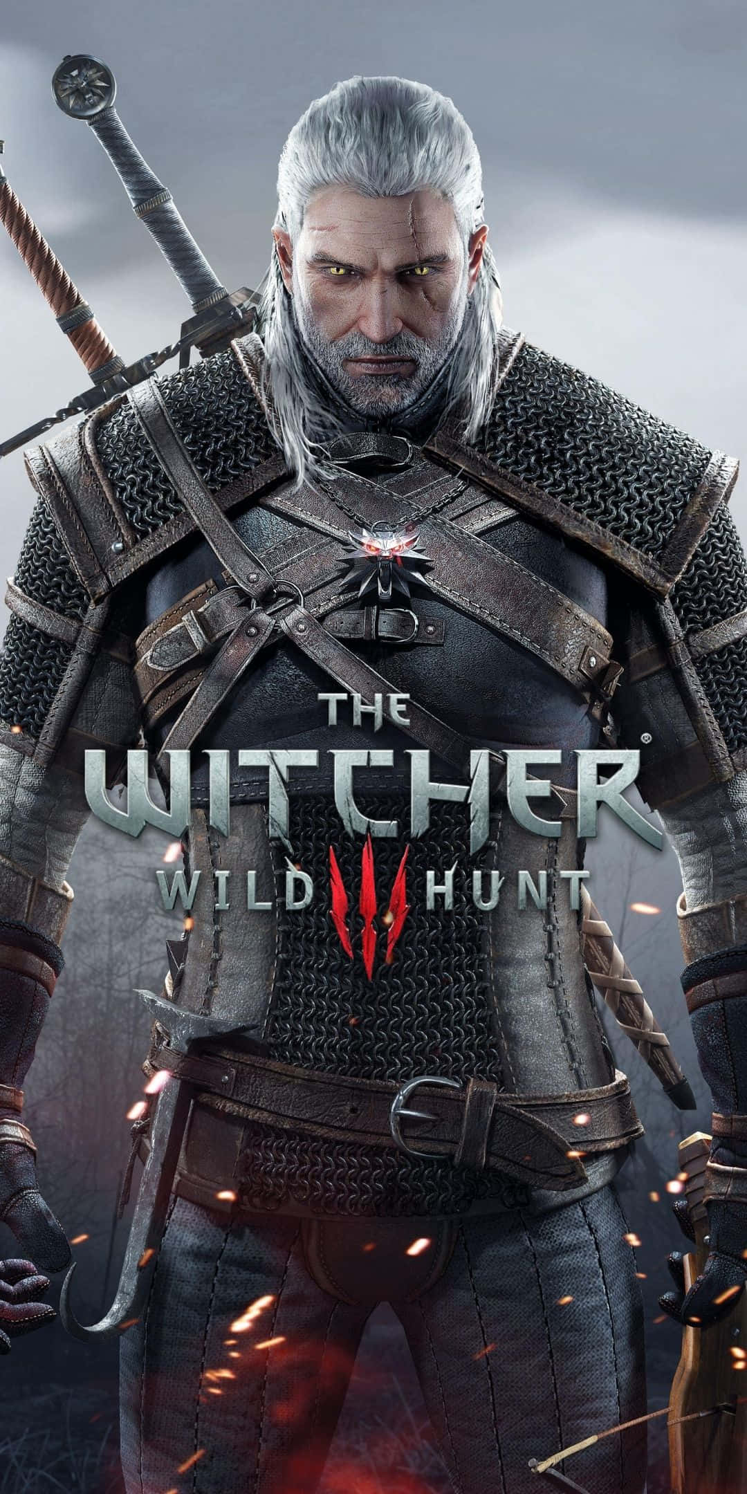 Pixel 3 The Witcher 3 桌布 壁紙 — 一位嚴肅的銀髮戰士身穿精細的鎖子甲，背負雙劍，站在風暴灰暗的天空下，火花四濺。