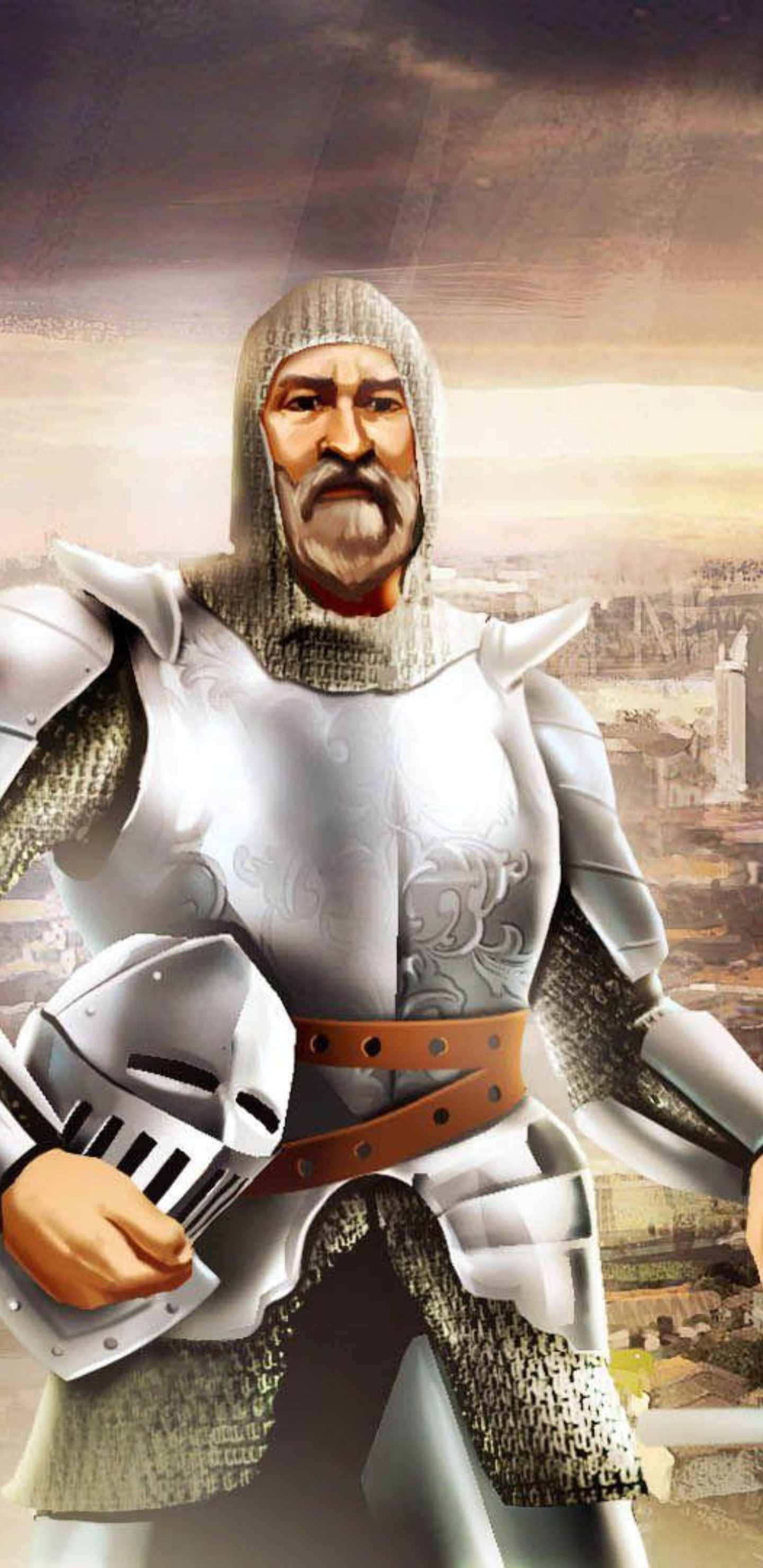 Pixel 3xl Civilization Beyond Earth 桌布 壁紙 — 一位嚴肅的騎士身穿精細的銀色盔甲，在陰雲密布的天空下，站在遠處的中世紀城市前，手持頭盔。