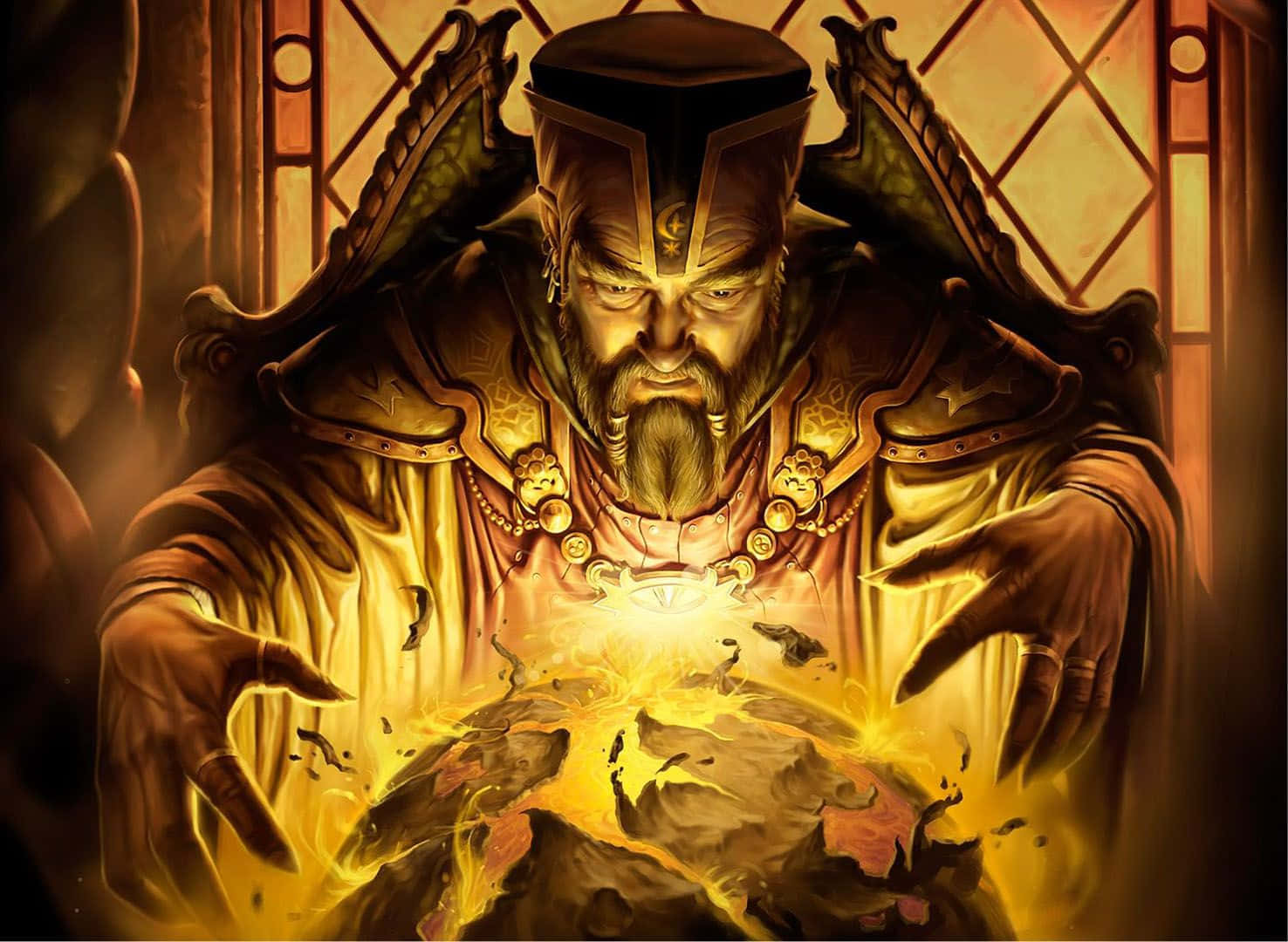 Magic Spell 桌布 壁紙 — 一位嚴肅的鬍鬚巫師穿著華麗長袍，在昏暗的房間中從火焰球體引導發光的魔法。