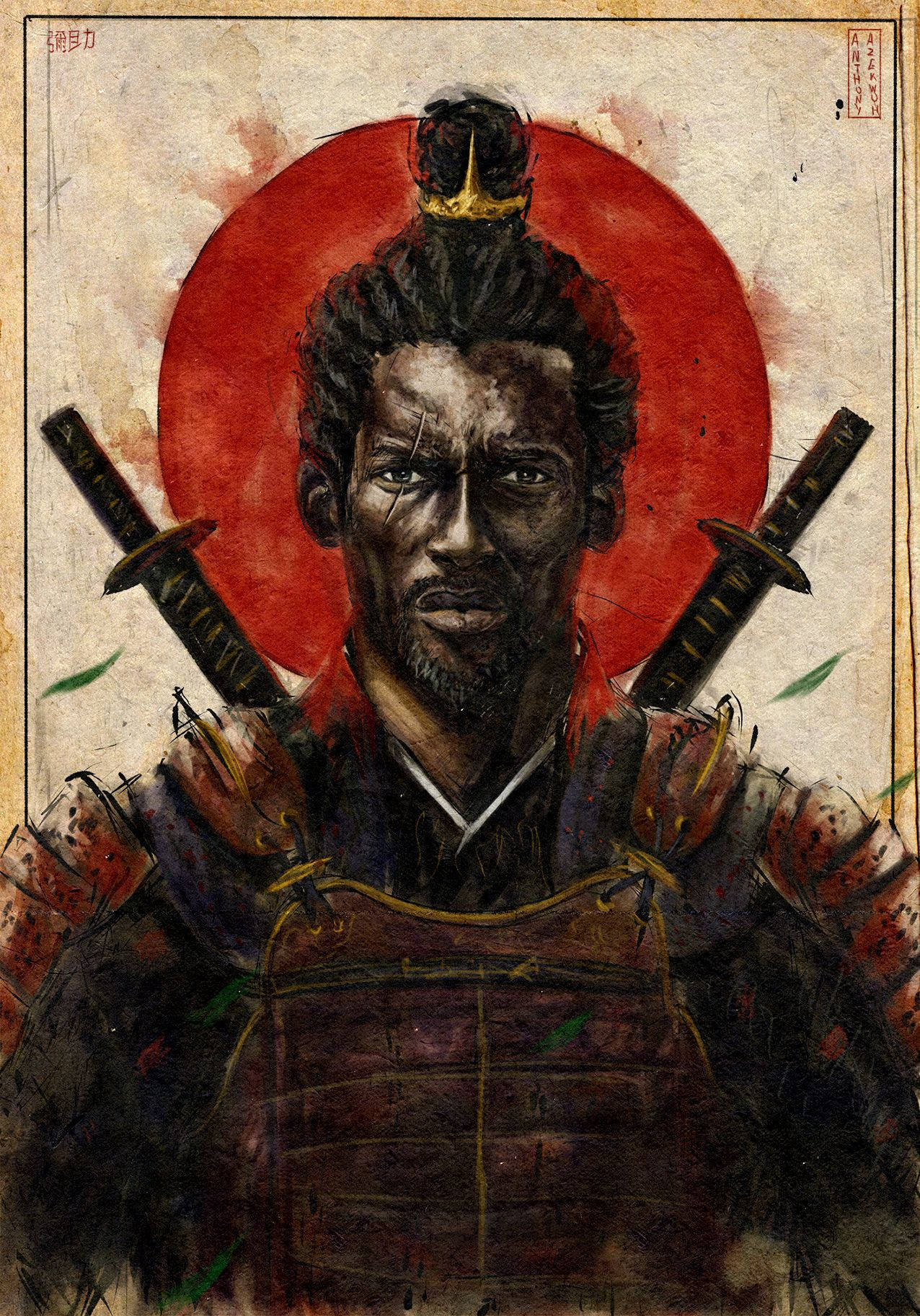 Yasuke 桌布 壁紙 — 一位嚴肅的黑武士身穿暗色鎧甲，背負兩把劍，站在大膽的紅日前。