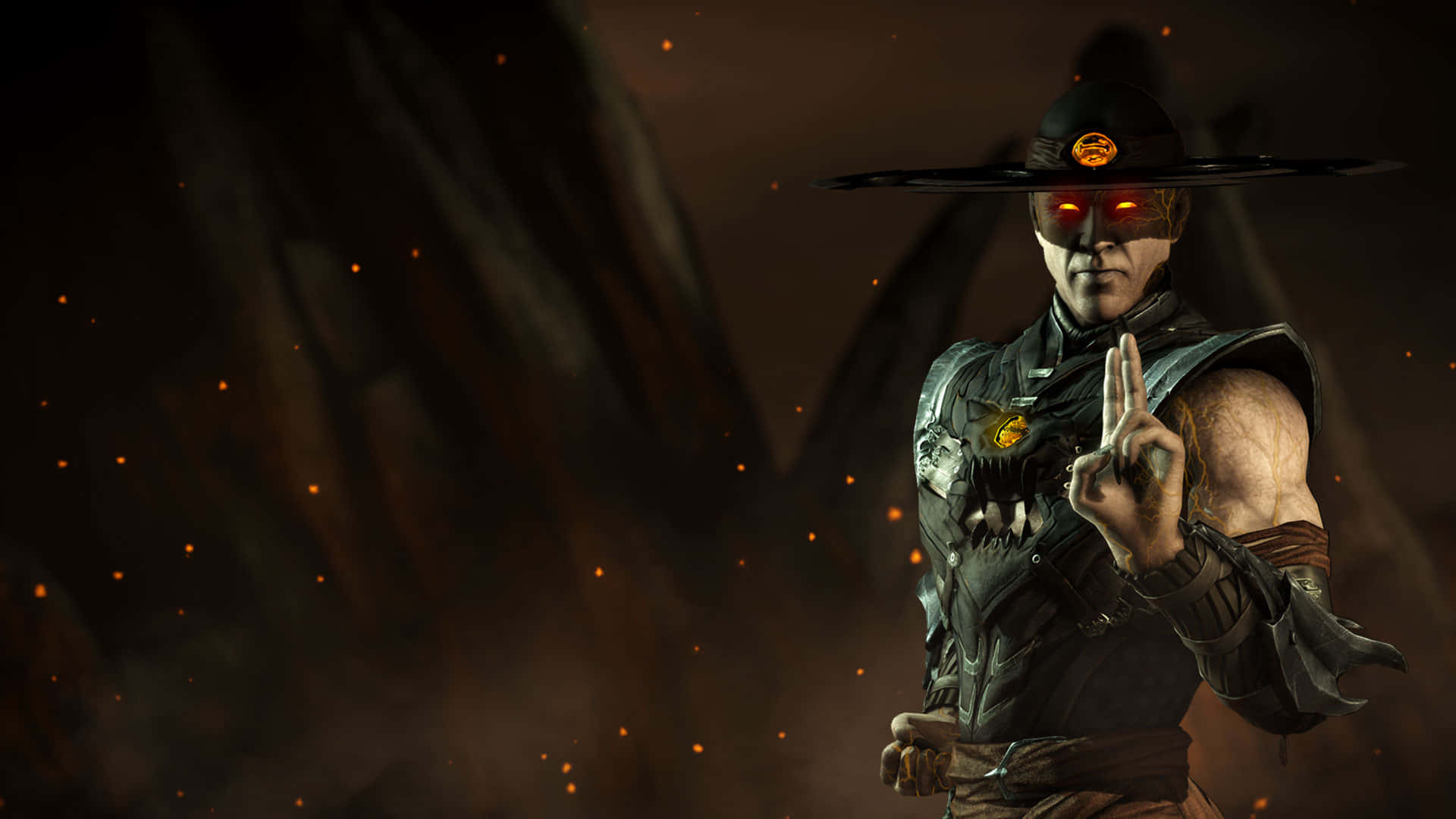 Mortal Kombat Kung Lao 桌布 壁紙 — 一位在昏暗燈光下的武術家，戴著寬邊帽，在煙霧繚繞的火熱背景下做出手勢。