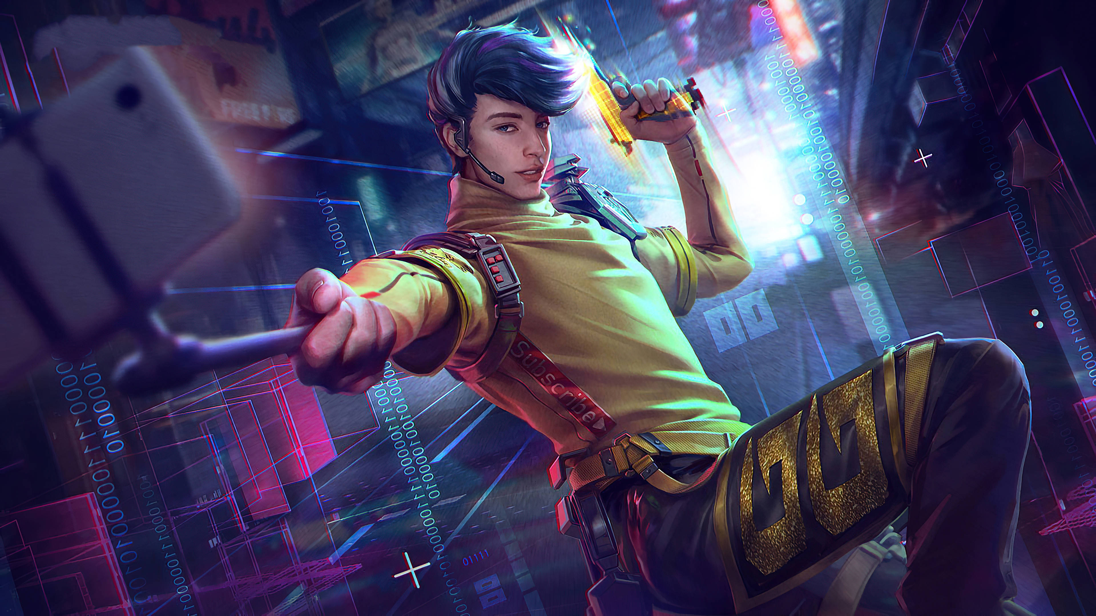 Free Fire 嘻哈套裝 桌布 壁紙 — 一位在霓虹燈數位城市中的賽博龐克玩家，在浮動的二進位代碼中手持發光武器和自拍棒。