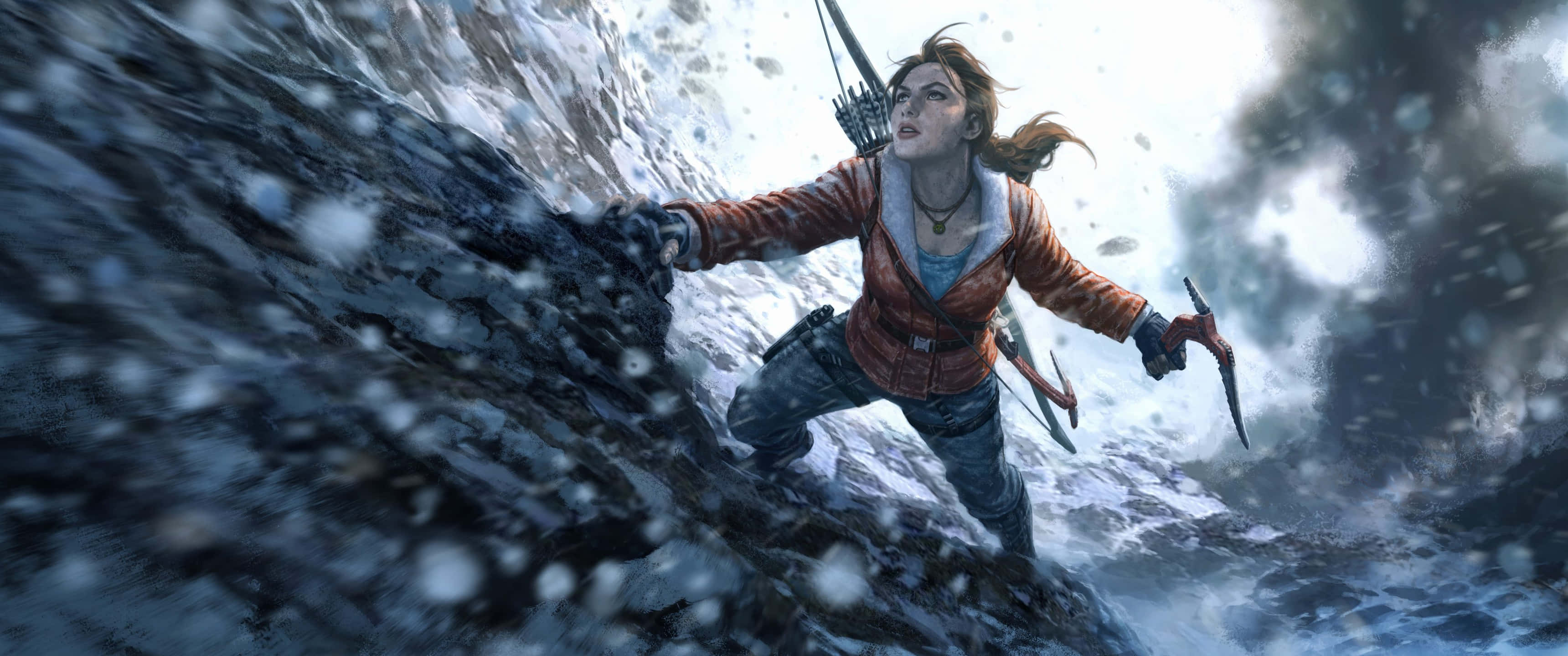 games 桌布 壁紙 — 一位堅定的冒險家，在旋轉的雪和暴風中，用冰斧攀登雪覆蓋的懸崖面。
