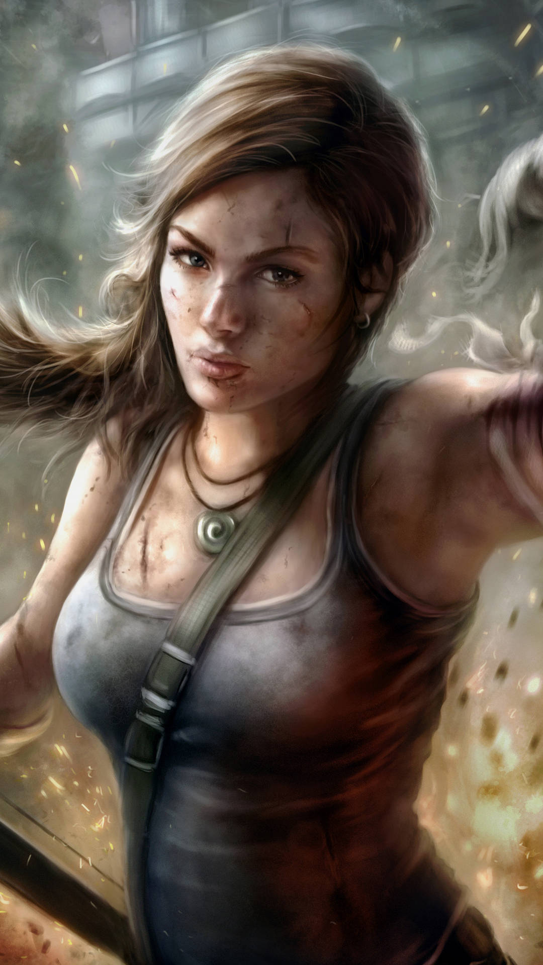 tomb raider iPhone 桌布 壁紙 — 一位堅定的冒險家，頭髮被風吹亂，臉上沾滿灰塵，在熾熱的火花和崩塌的廢墟中緊握武器。