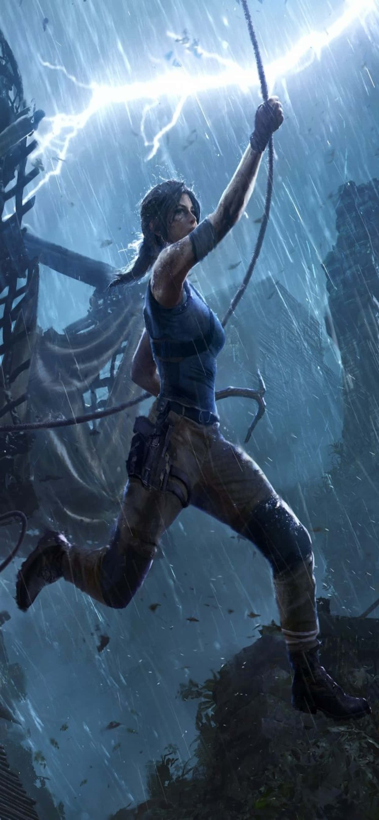 iPhone Xs Max Rise Of The Tomb Raider 桌布 壁紙 — 一位堅定的冒險家在暴風雨中的叢林寺廟中盪繩，閃電在她上方劃過。