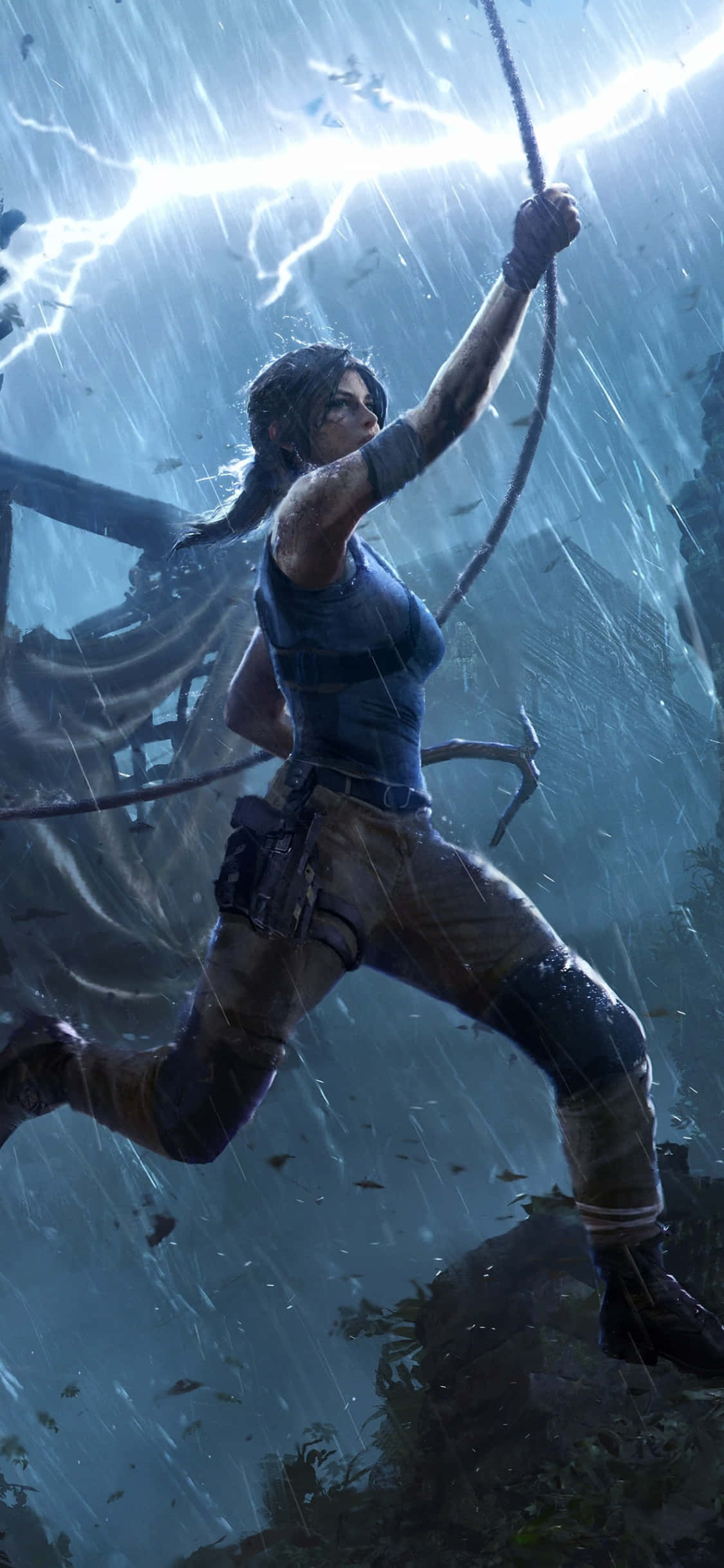 Pixel 3 Shadow Of The Tomb Raider 桌布 壁紙 — 一位堅定的冒險家在暴風雨中的叢林裡盪繩，閃電在她上方劈下。