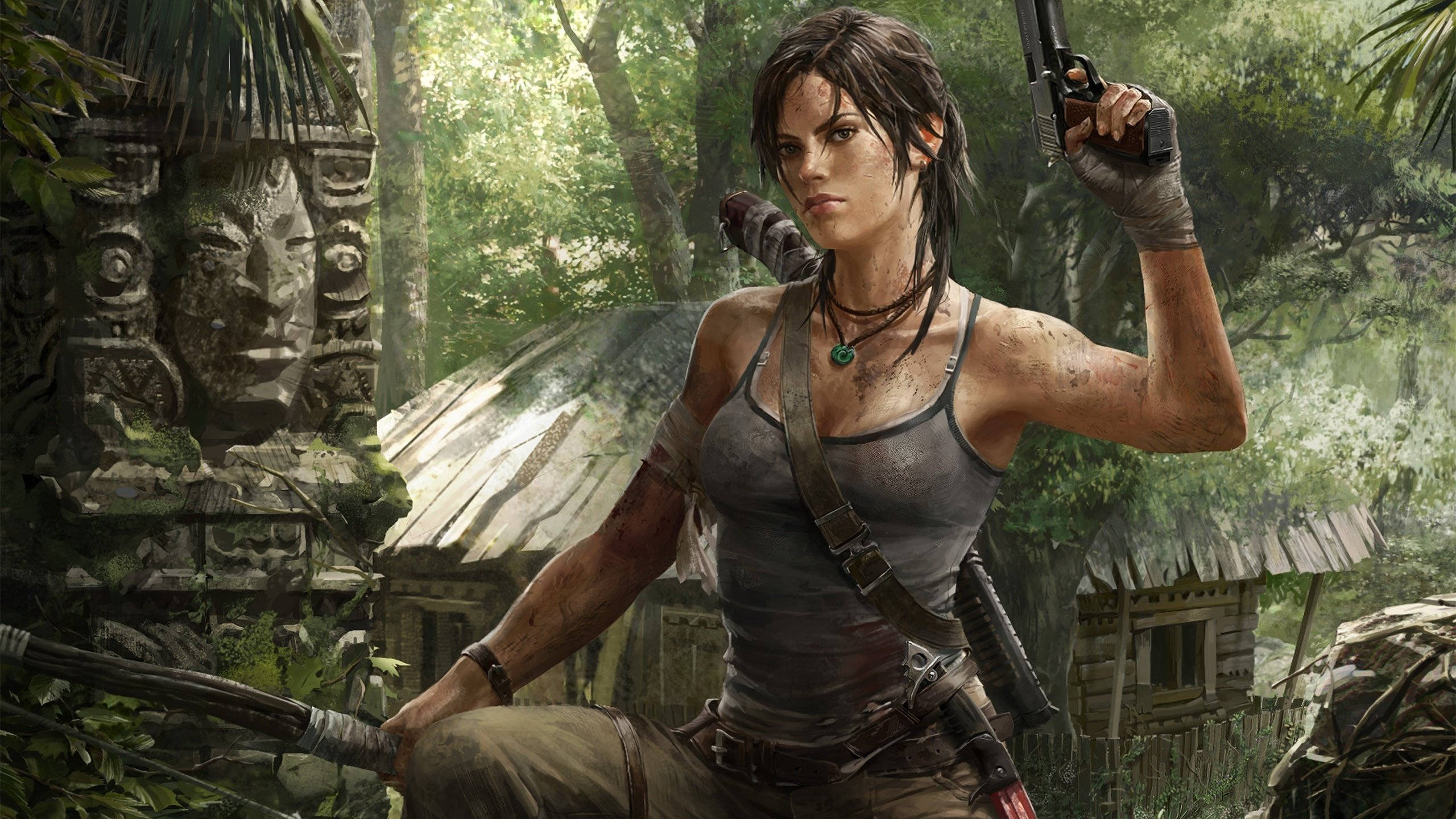 Tomb Raider Game 桌布 壁紙 — 一位堅定的冒險家手持槍和砍刀，站在茂密的叢林中，旁邊是古老的石頭廢墟。