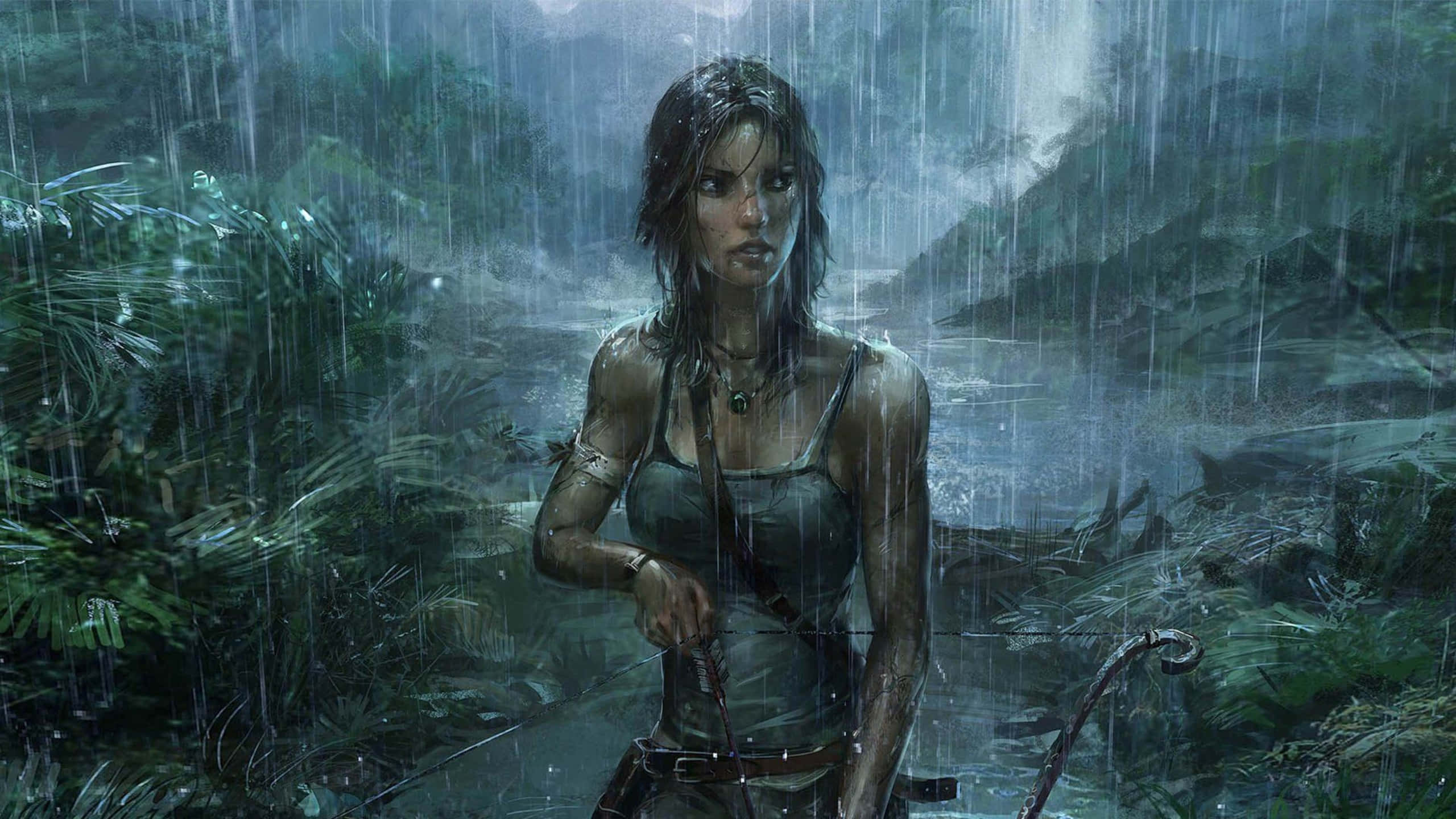 1440p Shadow Of The Tomb Raider 桌布 壁紙 — 一位堅定的冒險家站在被雨水浸透的叢林中，手持弓箭，水滴從她濕透的頭髮和衣服上滴落。
