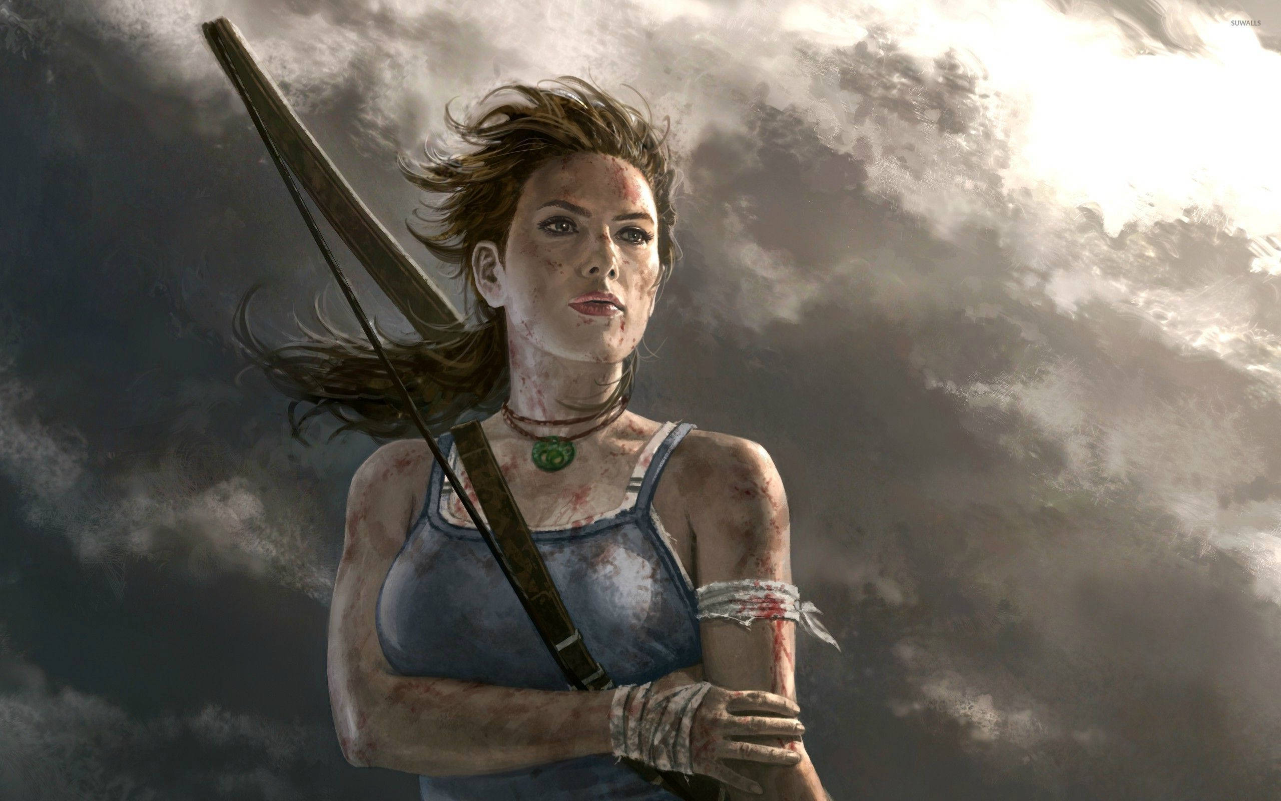Tomb Raider Game 桌布 壁紙 — 一位堅定的冒險者手持弓箭，站在風暴天空下，她的衣服和皮膚都帶有戰鬥的痕跡。