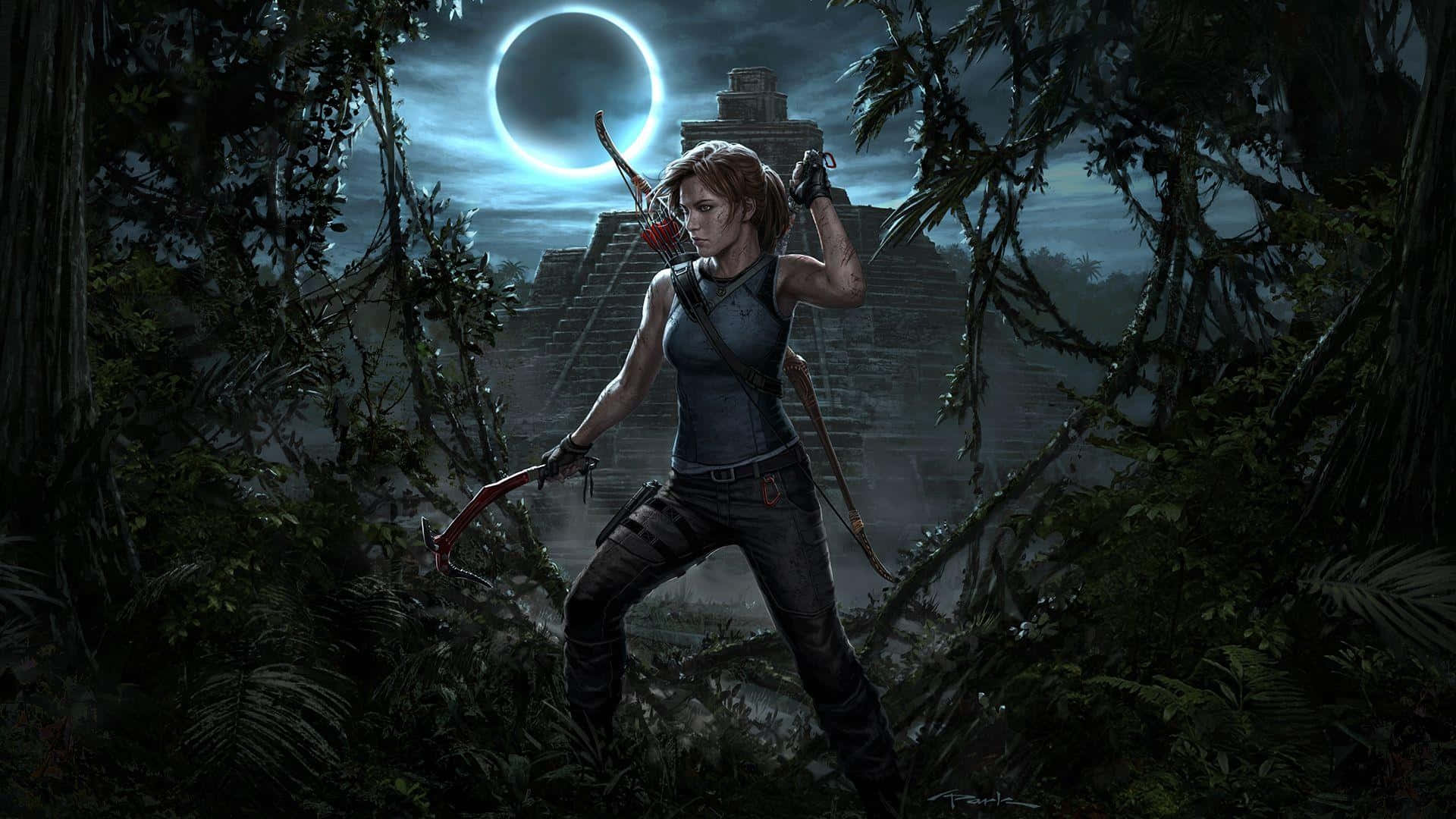 1080p Shadow Of The Tomb Raider 桌布 壁紙 — 一位堅定的冒險者站在迷霧叢林中，手持弓箭，背後是古老遺跡和發光的日食。