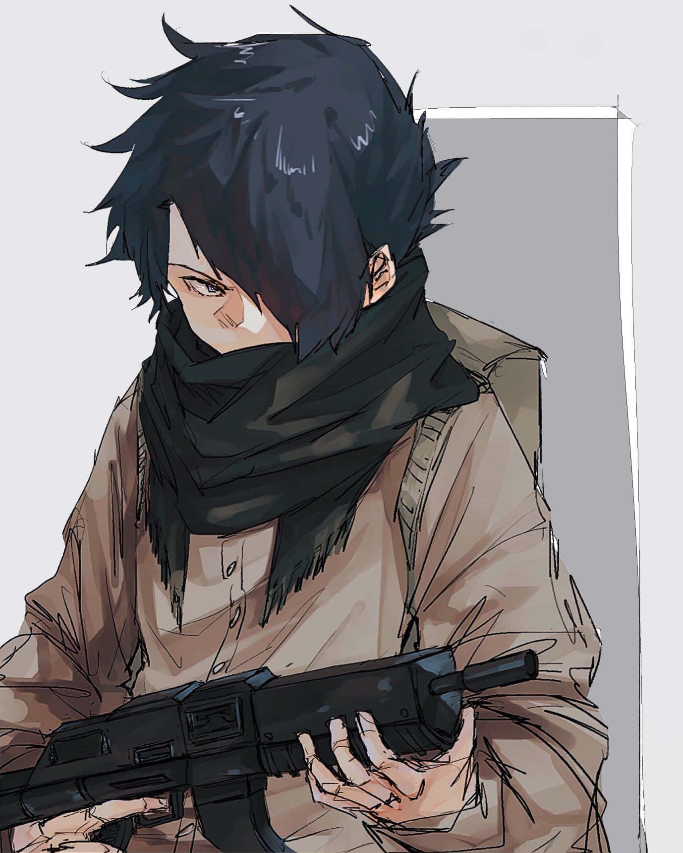 The Promised Neverland Ray 桌布 壁紙 — 一位堅定的動漫士兵，深色頭髮，圍巾，在純灰色背景前握著一把黑色步槍。
