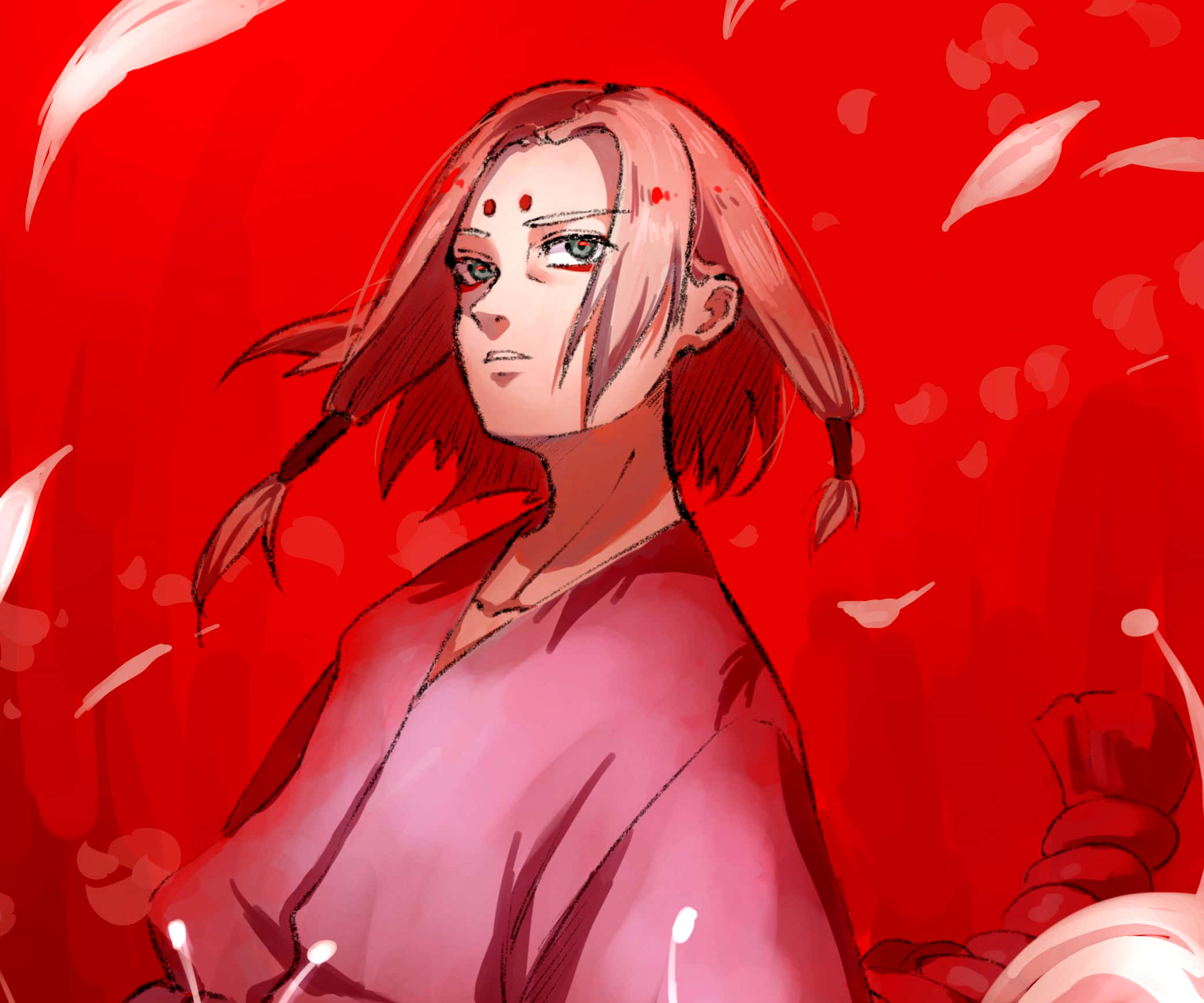 Kimimaro 桌布 壁紙 — 一位堅定的動漫女孩，粉紅色頭髮和紅色標記，在充滿漂浮花瓣的鮮紅色背景前凝視前方。