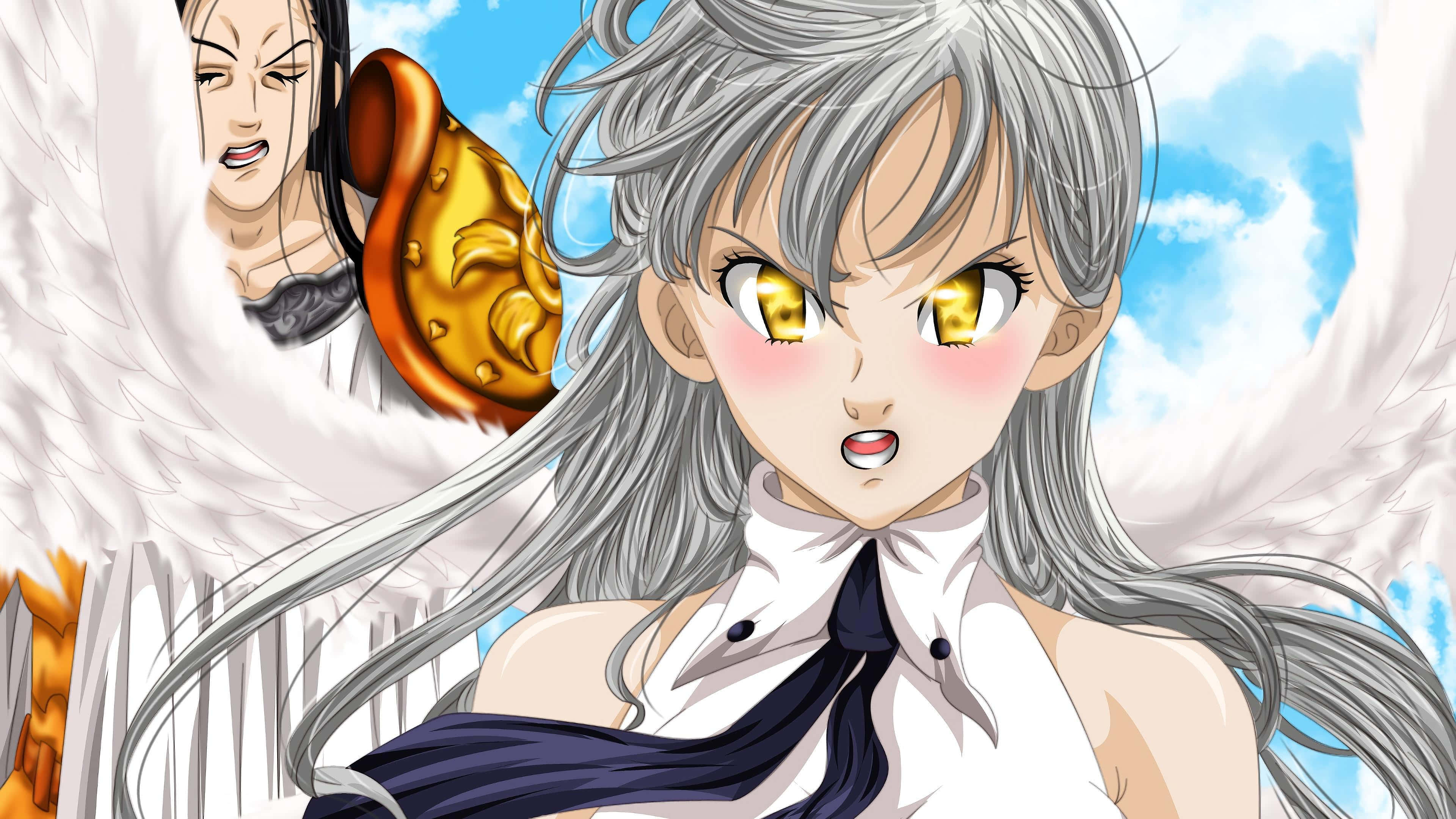 Seven Deadly Sins Elizabeth Liones 桌布 壁紙 — 一位堅定的動漫女孩，銀色頭髮和金色眼睛，向前凝視，擁有白色翅膀，身後站著一位手持金色盾牌的戰士，背景是明亮的藍天。