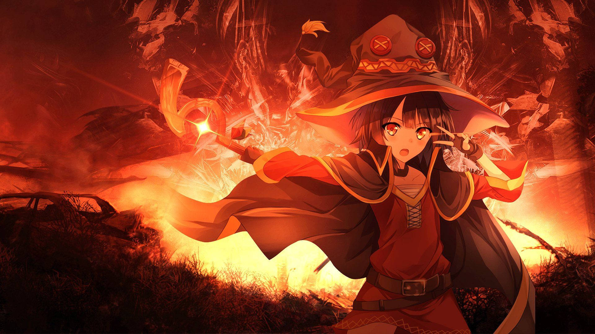 Megumin 桌布 壁紙 — 一位堅定的動漫女巫戴著紅帽，在黑暗煙霧瀰漫的風景中，於烈火毀滅中揮舞著發光法杖。