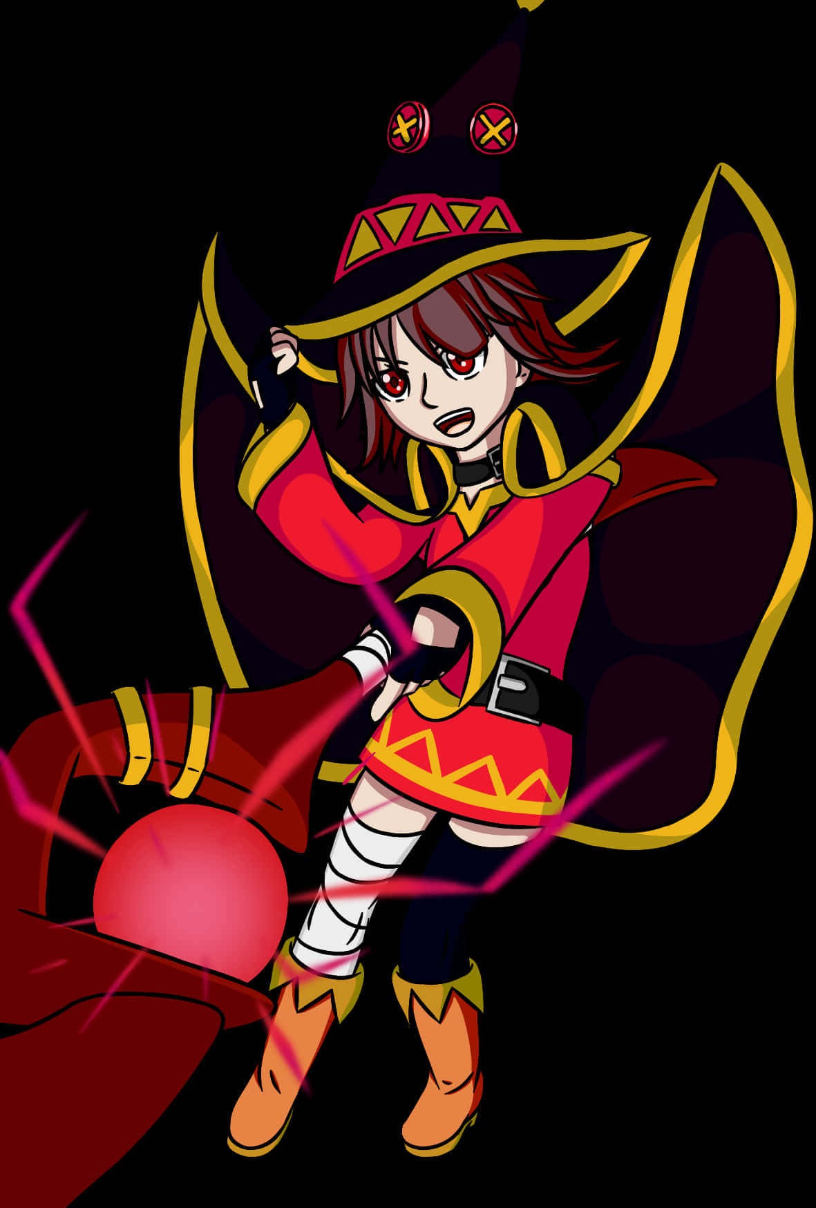 Megumin 桌布 壁紙 — 一位堅定的動漫女巫穿著紅色和金色的服裝，在黑色背景上施展發光的粉紅色咒語。