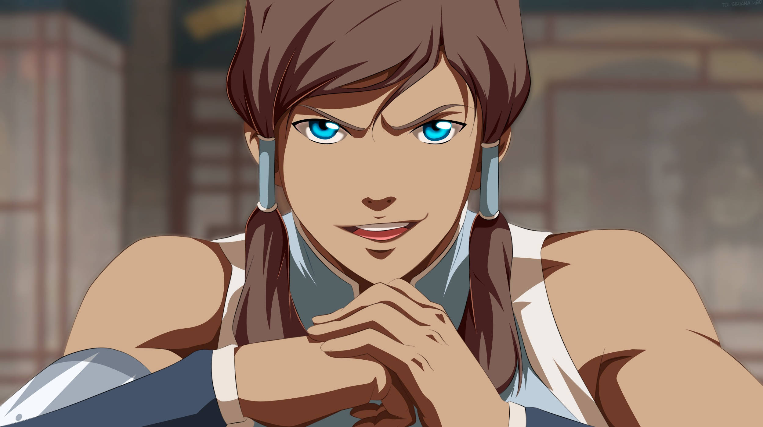Korra 桌布 壁紙 — 一位堅定的動漫女性，藍眼睛，棕色雙馬尾，身體前傾，雙手合十，穿著白色和藍色的服裝。