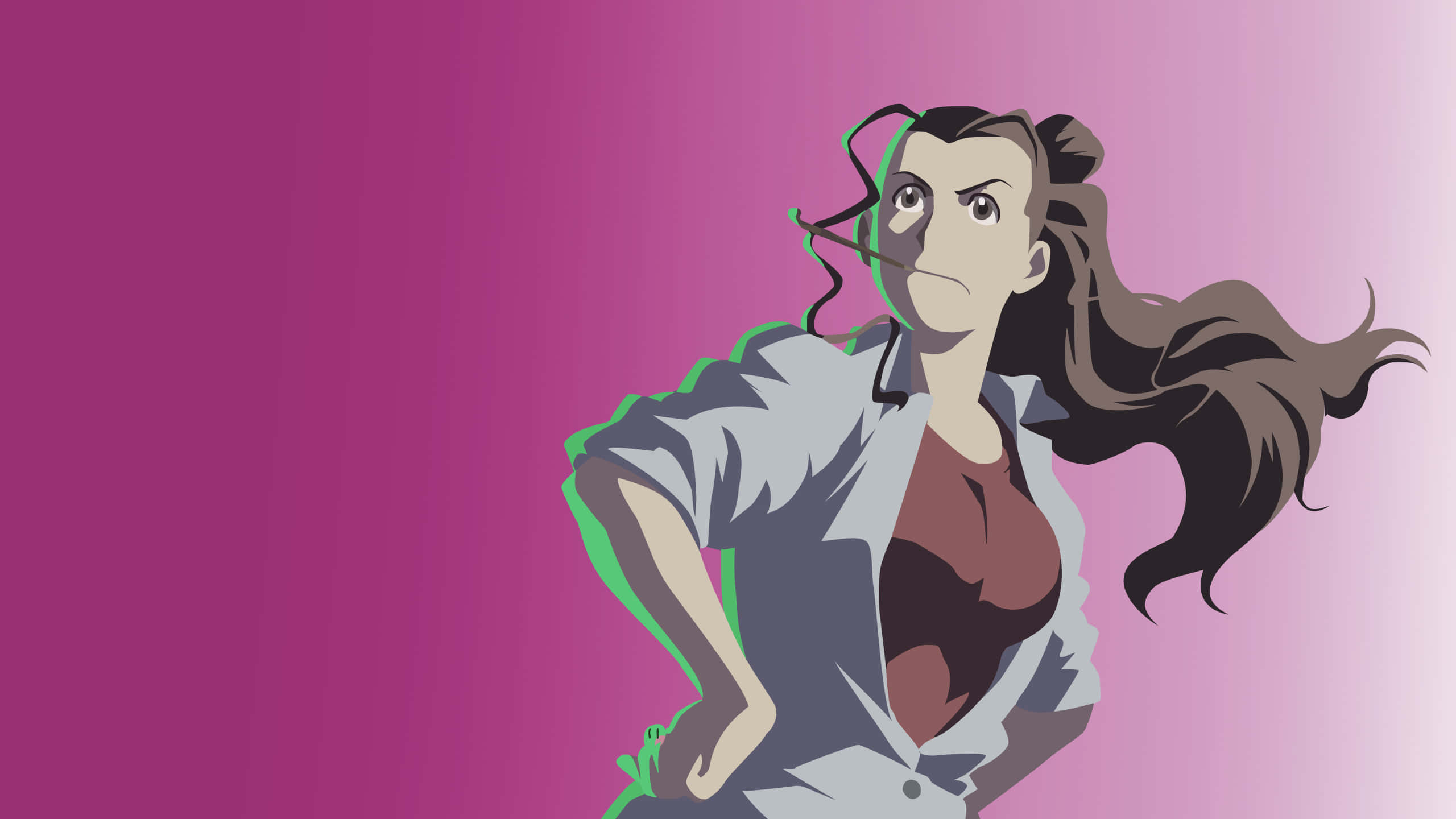 Pinako Rockbell 桌布 壁紙 — 一位堅定的動漫女性，長髮飄逸，自信地站在充滿活力的粉紅色漸變背景前。