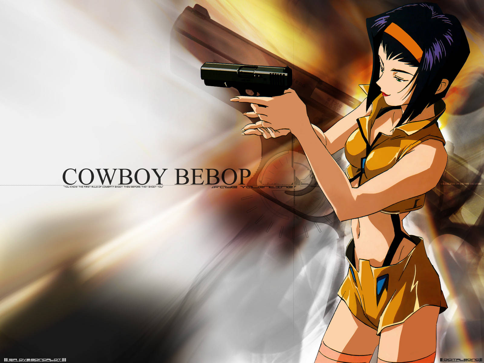 Cowboy Bebop Desktop 桌布 壁紙 — 一位堅定的動漫女性穿著黃色服裝，在火焰般的動態模糊背景前瞄準手槍。