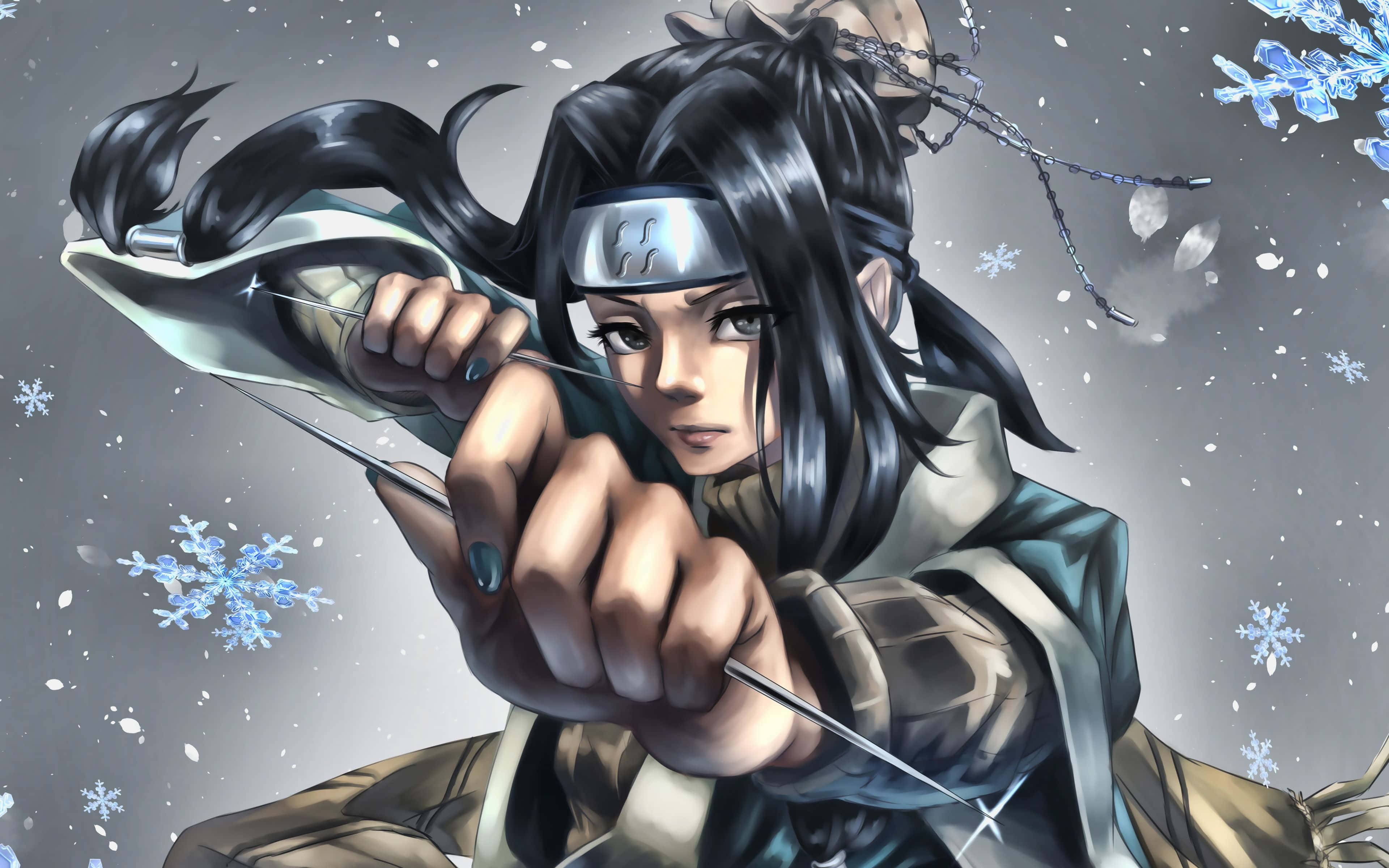 Naruto Haku 桌布 壁紙 — 一位堅定的動漫弓箭手，深色頭髮，戴著頭帶，在雪花飄落的冬日場景中瞄準弓箭。