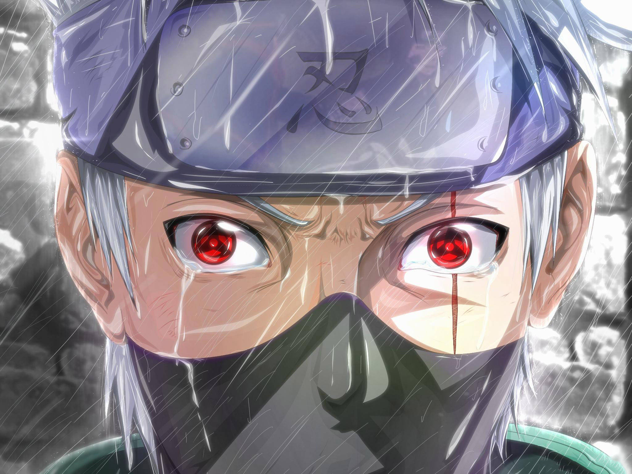 kakashi pfp 桌布 壁紙 — 一位堅定的動漫忍者，擁有紅色眼睛和額頭護具，在暴雨中凝視著。