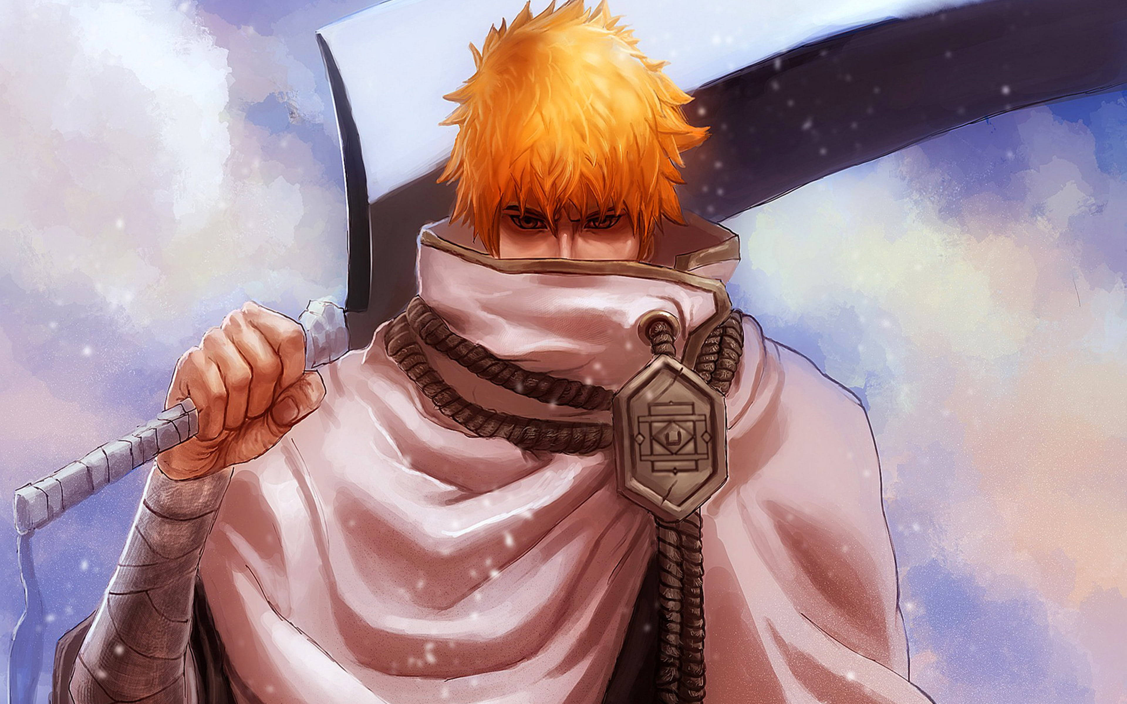 Bankai 桌布 壁紙 — 一位堅定的動漫戰士，擁有尖刺的橙色頭髮，在柔和粉彩的天空中握著一把大劍。