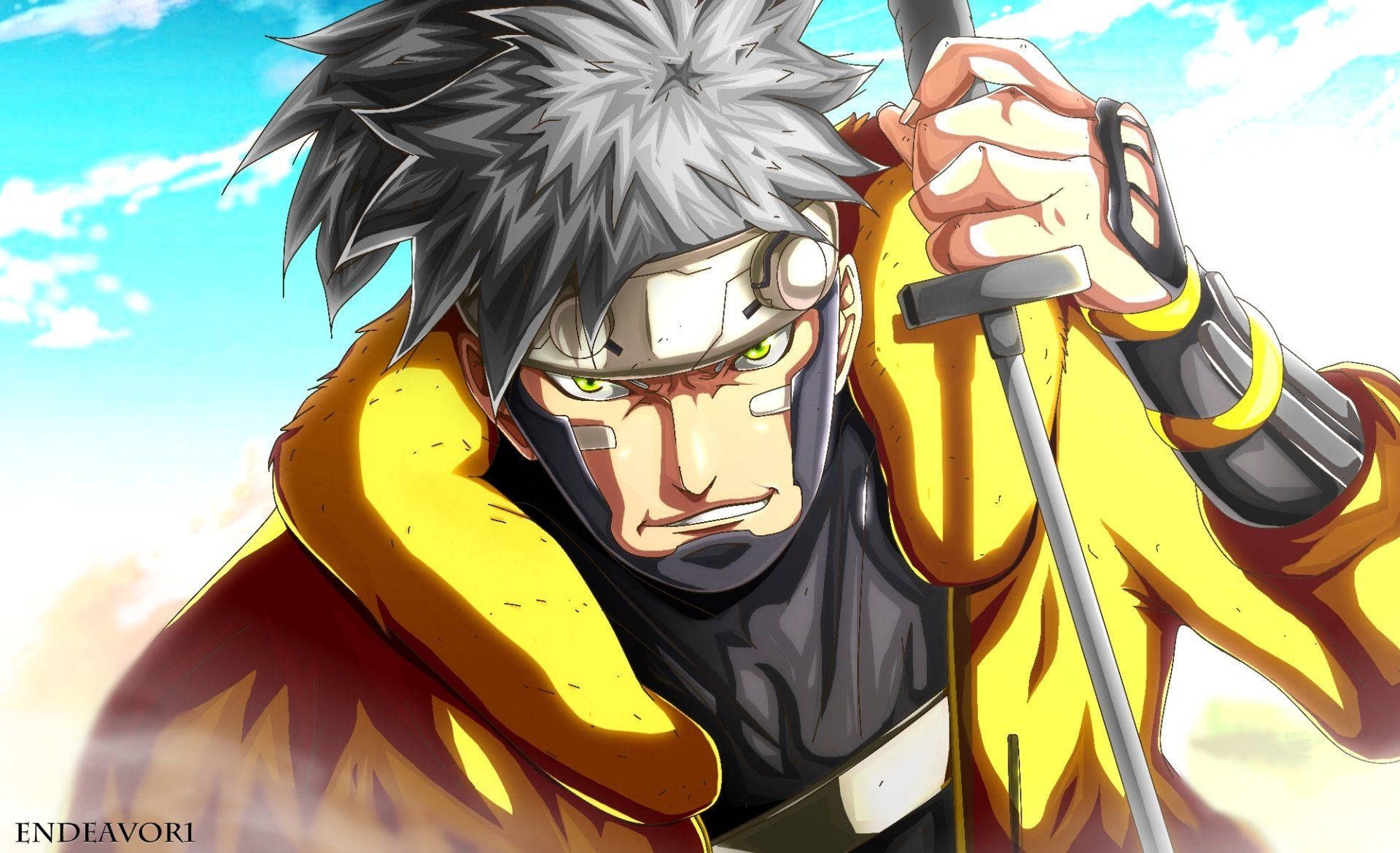 Anime Samurai 桌布 壁紙 — 一位堅定的動漫戰士，擁有尖刺的灰色頭髮和發光的綠色眼睛，在明亮的藍天下握著劍。