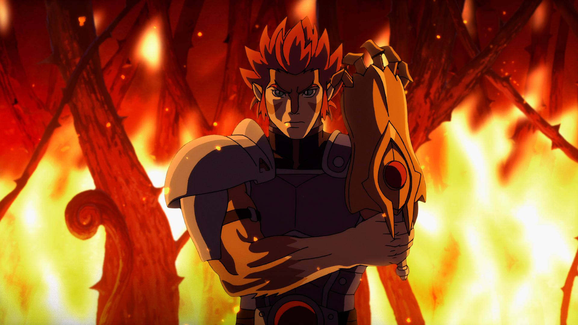Thundercats 桌布 壁紙 — 一位堅定的動漫戰士，擁有尖刺的紅髮，在火焰森林中挑釁地站著，緊握著一把發光的劍。
