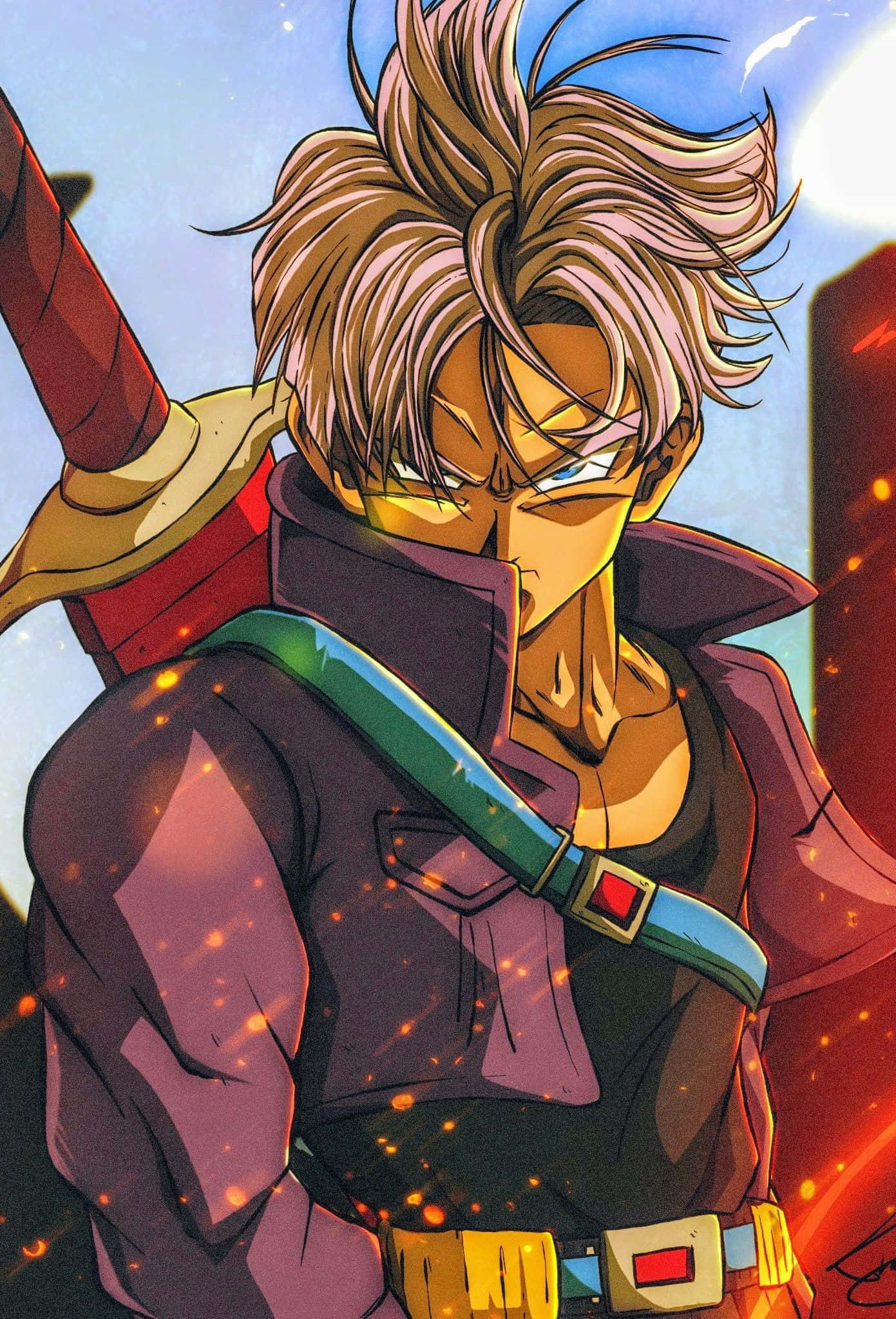 Trunks 桌布 壁紙 — 一位堅定的動漫戰士，擁有尖刺金髮和發光的眼睛，在火熱的天空下持劍。
