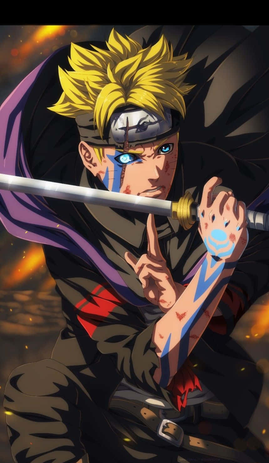 Naruto Aesthetic Phone 桌布 壁紙 — 一位堅定的動漫戰士，擁有尖刺金髮和藍色眼睛，在火焰背景前手持劍並結手印。