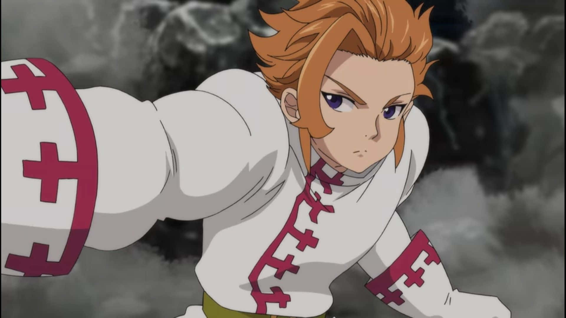 Seven Deadly Sins Arthur Pendragon 桌布 壁紙 — 一位堅定的動漫戰士，擁有橙色頭髮和白色盔甲，在暴風雨般的灰色背景下向前衝刺。