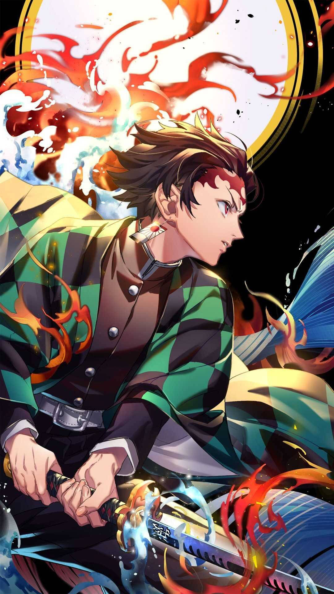 動漫男孩 桌布 壁紙 — 一位堅定的動漫戰士，擁有火焰般的頭髮和發光的劍，在火焰與水漩渦的背景中蓄勢待發。
