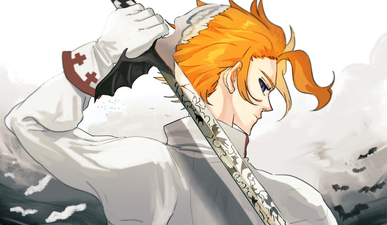 Seven Deadly Sins Arthur Pendragon 桌布 壁紙 — 一位堅定的動漫戰士，擁有火熱的橙色頭髮，在暴風雨的灰色背景下緊握著一把華麗的劍。