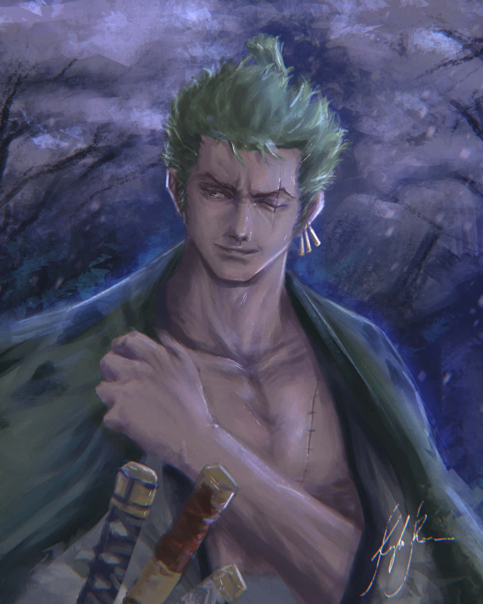 Wano Country 桌布 壁紙 — 一位堅定的動漫戰士，擁有綠色尖刺頭髮和傷痕累累的胸膛，在憂鬱的紫藍色背景下緊握著他的劍。