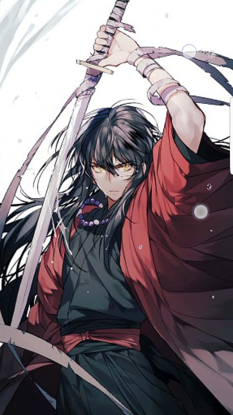 Bushido 桌布 壁紙 — 一位堅定的動漫戰士，擁有長長的黑髮和發光的黃色眼睛，在明亮的白色背景前以動態姿勢舉起武士刀。