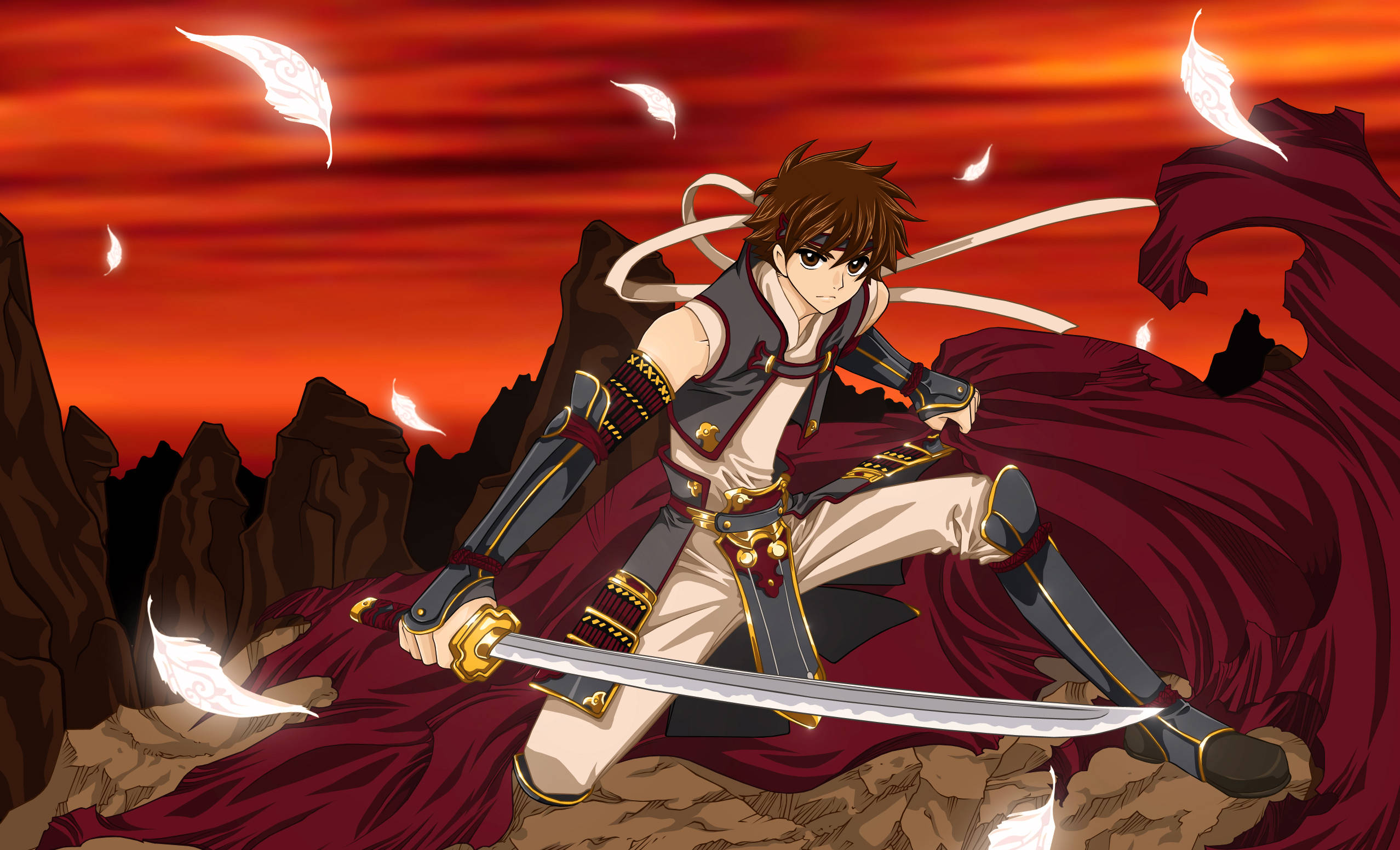 tsubasa reservoir chronicle 桌布 壁紙 — 一位堅定的動漫戰士，棕色頭髮，手持劍，站在岩石懸崖上，背景是火紅的夕陽天空，發光的白色羽毛在他周圍旋轉。