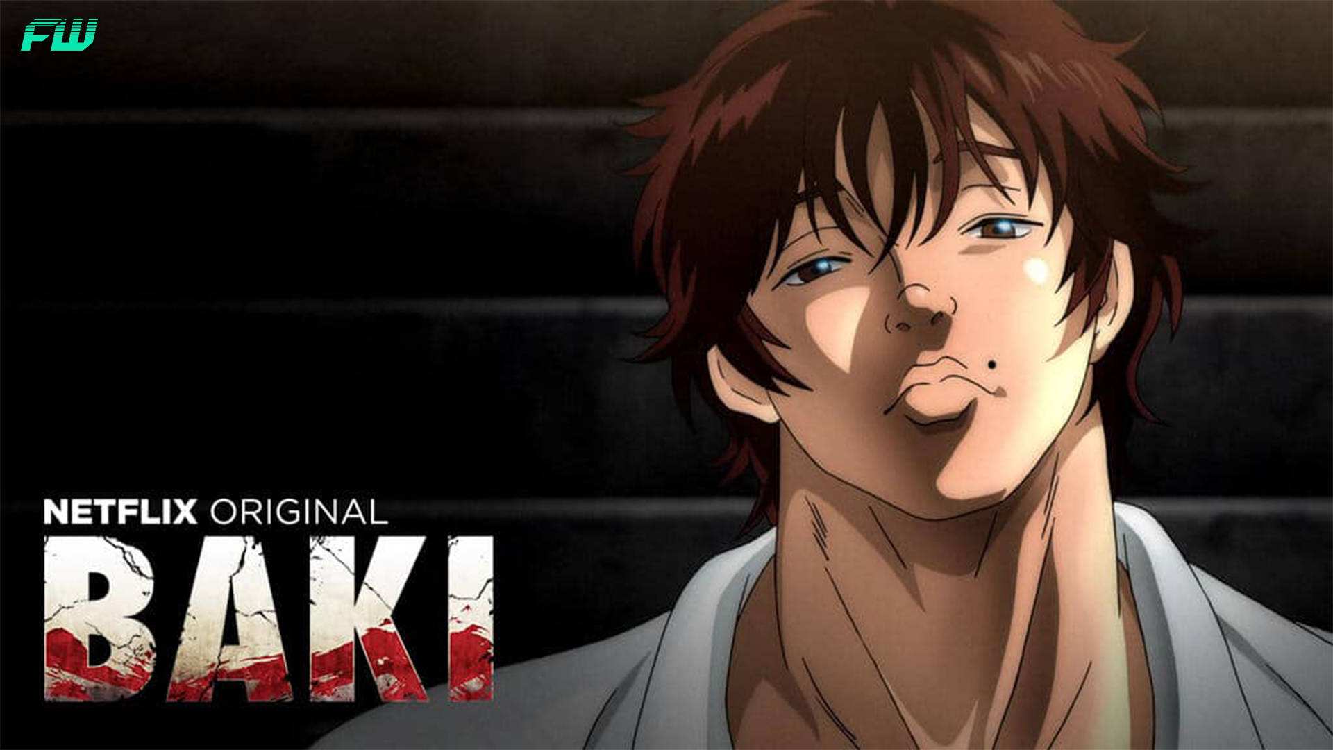 Baki 桌布 壁紙 — 一位堅定的動漫戰士，棕色頭髮和藍色眼睛，在黑暗背景上帶有'BAKI'文字，凝視著。