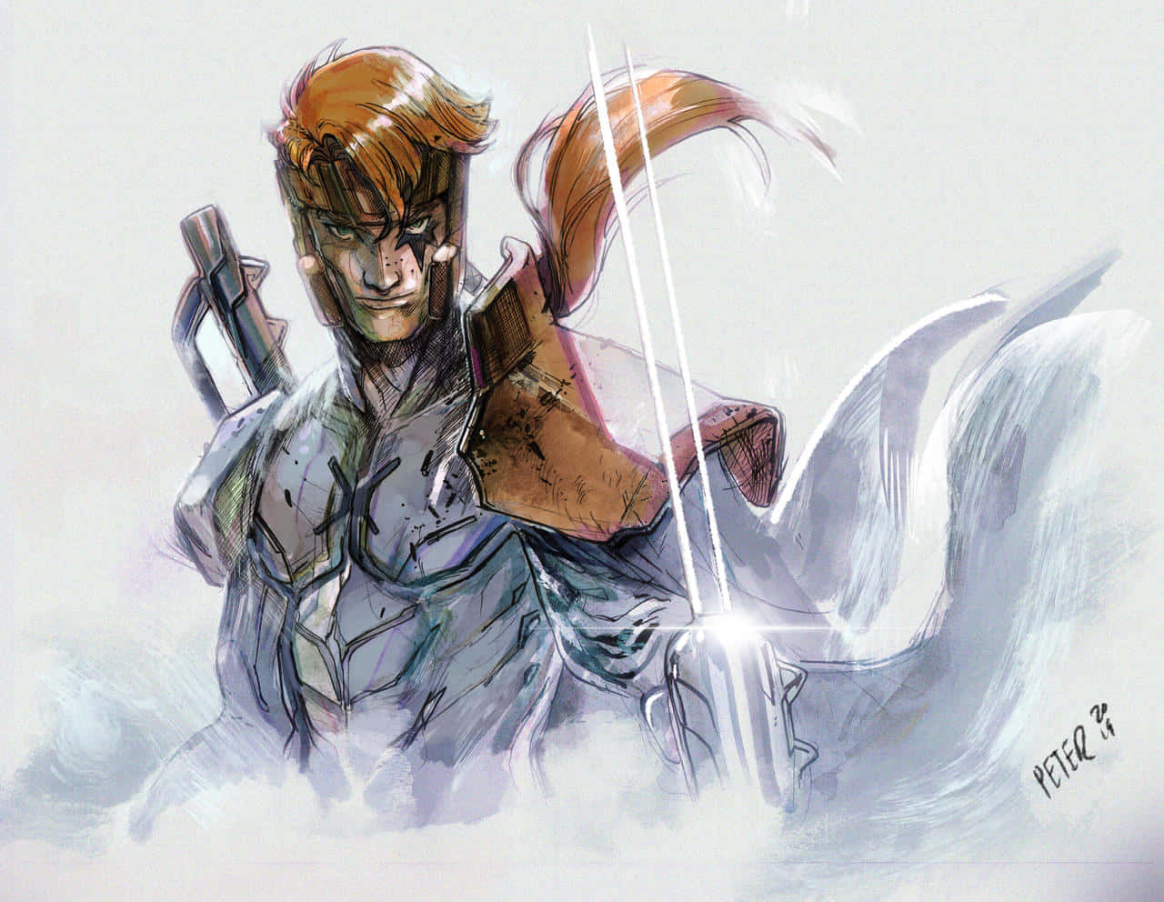 Shatterstar 桌布 壁紙 — 一位堅定的動漫戰士，橙色頭髮，在旋轉迷霧中揮舞著發光的劍，擺出動態的動作姿勢。