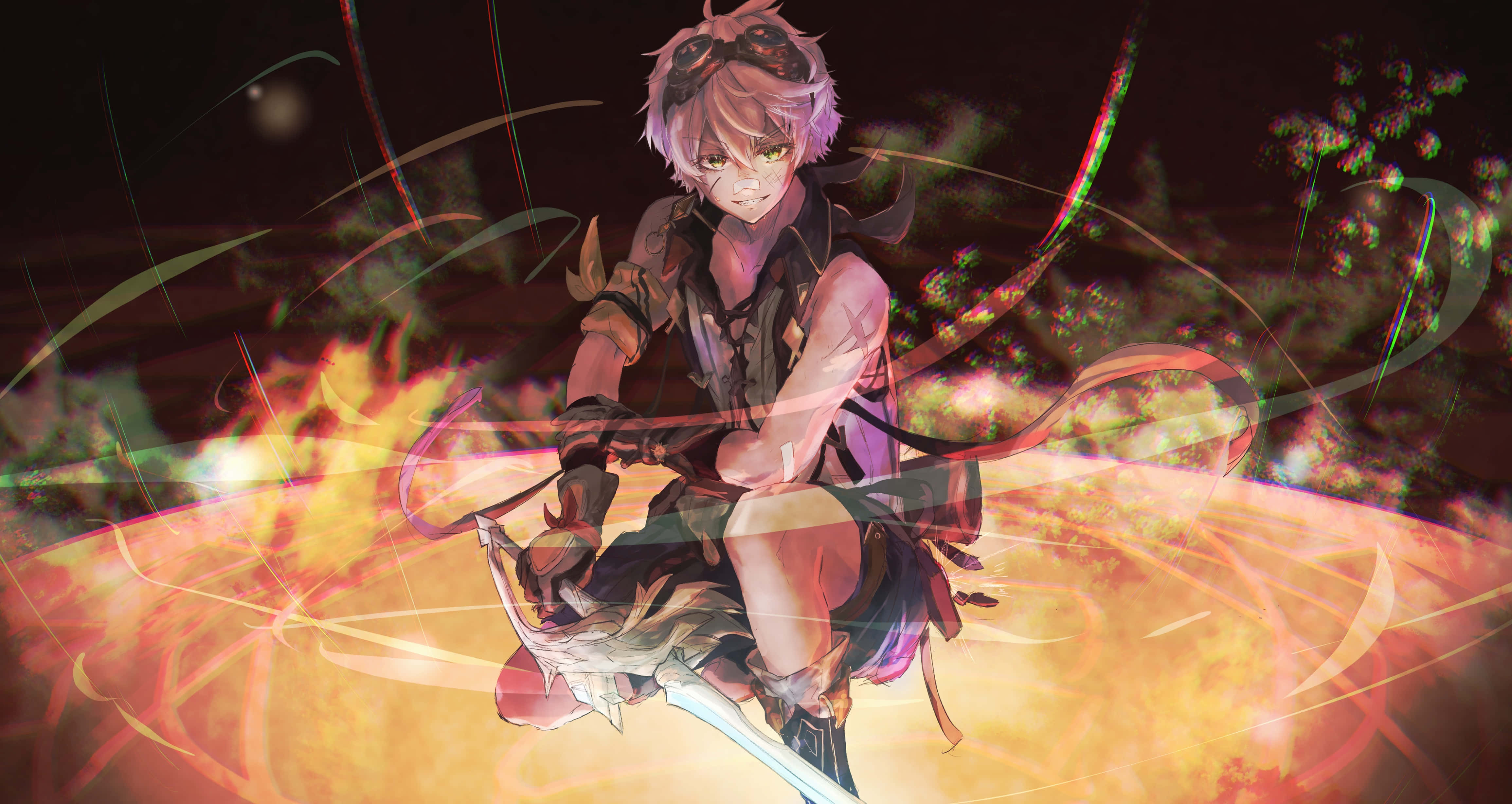 Genshin Impact Bennett 桌布 壁紙 — 一位堅定的動漫戰士，粉紅色頭髮，在黑暗背景中揮舞著一把發光的劍，伴隨著火焰般的能量條紋。