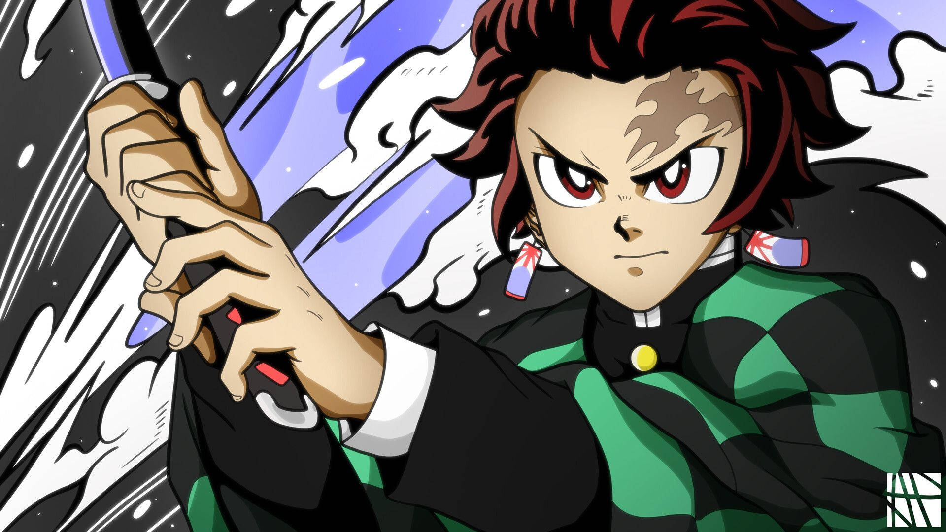 炭治郎 桌布 壁紙 — 一位堅定的動漫戰士，紅髮，身穿綠色格紋和服，在動態動作線條和旋轉雲霧中緊握劍。