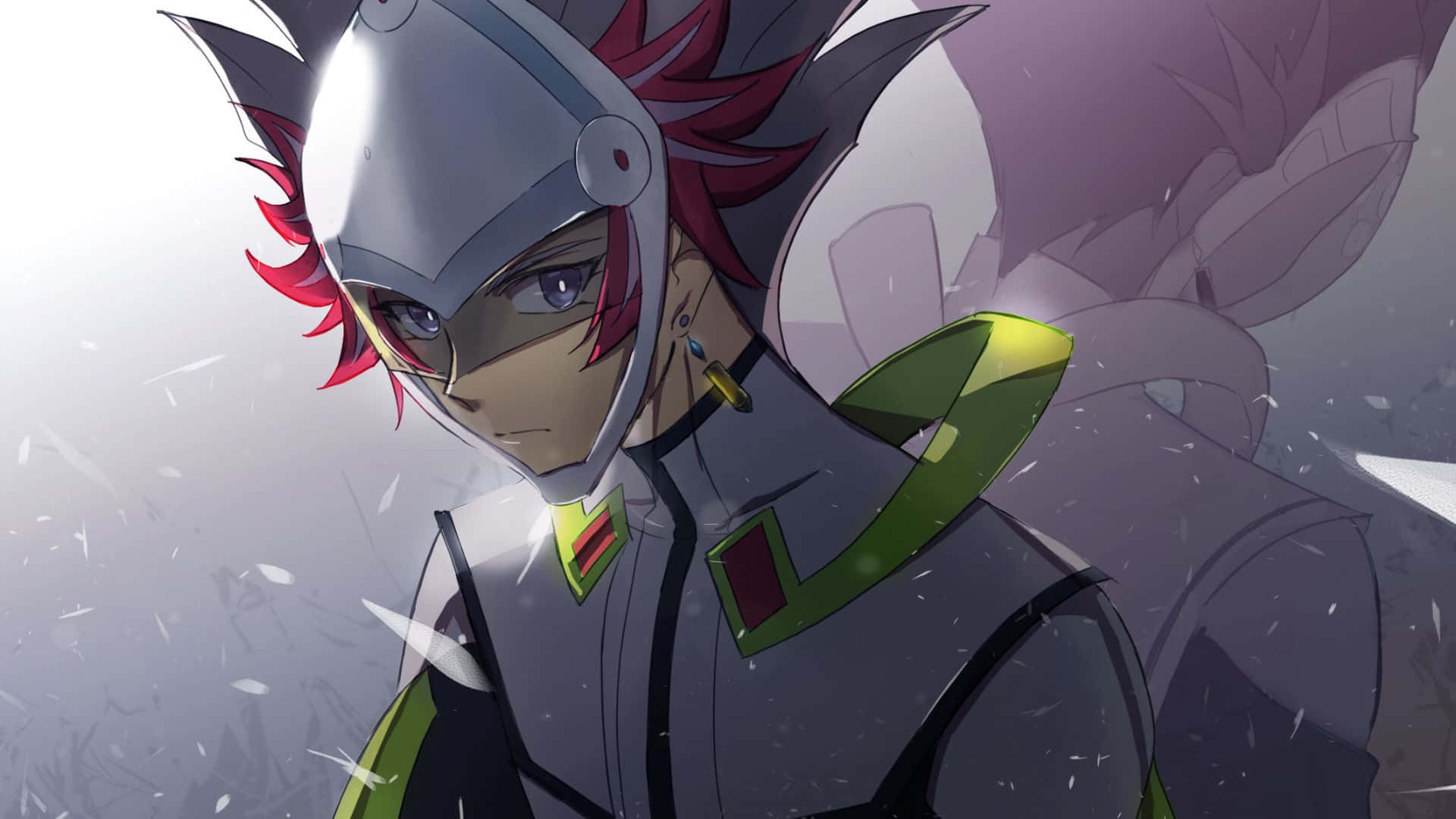 Ryoken Kogami 桌布 壁紙 — 一位堅定的動漫戰士，紅髮銀盔，站在雪地戰場上，盔甲上有綠色發光點綴。