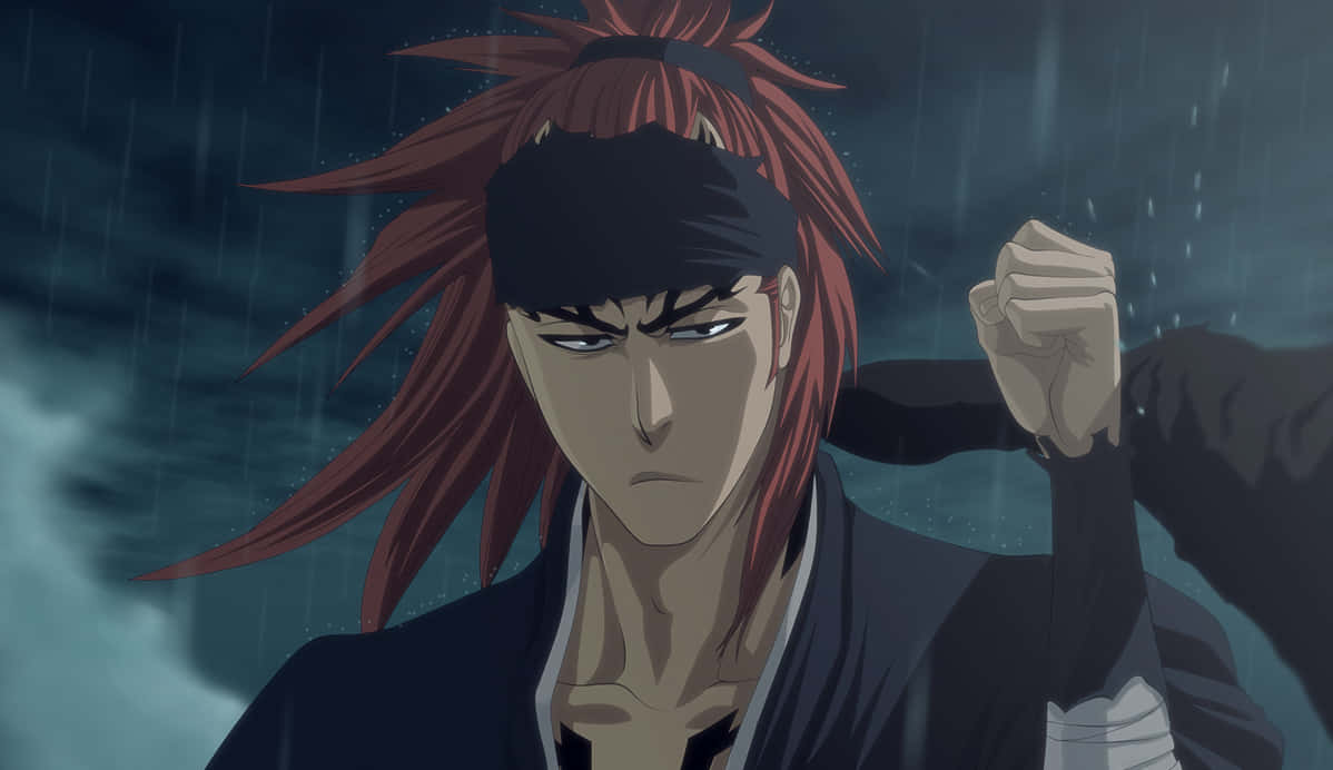Renji Abarai 桌布 壁紙 — 一位堅定的動漫戰士，紅髮黑頭帶，在暴風雨背景下握緊拳頭。