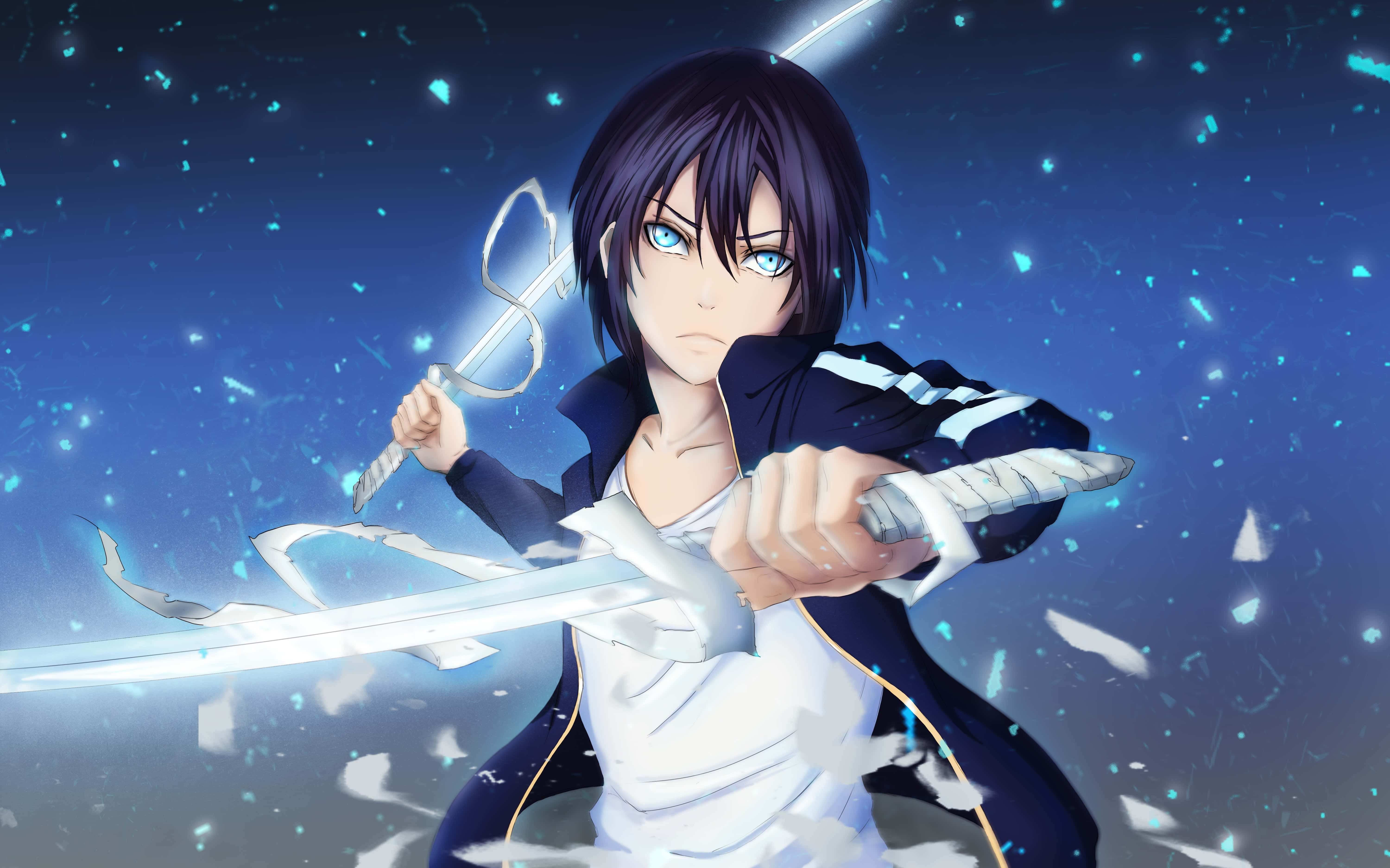 Noragami 桌布 壁紙 — 一位堅定的動漫戰士，藍眼睛黑頭髮，在閃爍的藍色夜空下揮舞著發光的劍。
