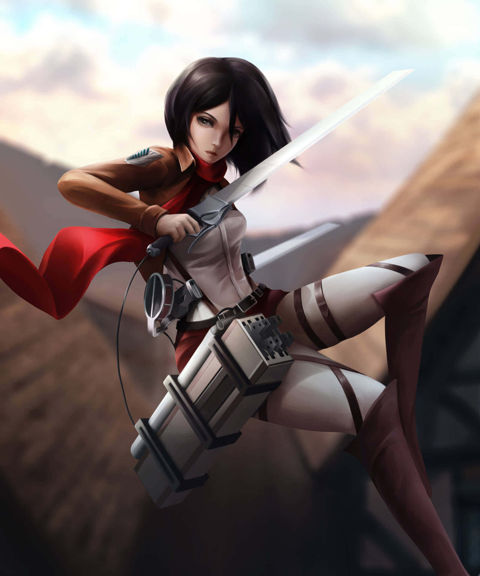 Mikasa Ackerman 桌布 壁紙 — 一位堅定的動漫戰士，身穿紅白裝備，揮舞劍和齒輪，穿過多雲的天空跳躍。