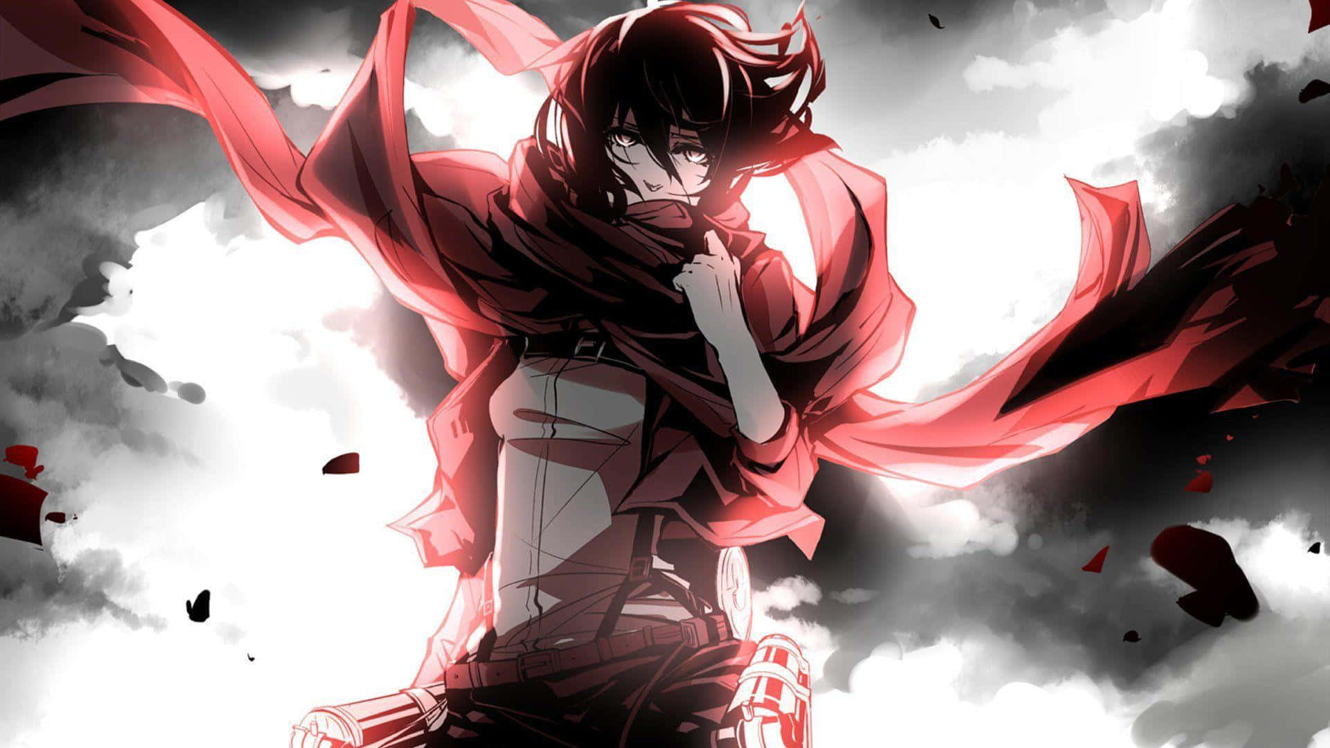 Attack On Titan Video Game 桌布 壁紙 — 一位堅定的動漫戰士，身穿飄逸的紅色斗篷，在暴風雨般的灰色天空和戲劇性燈光下傲然挺立。