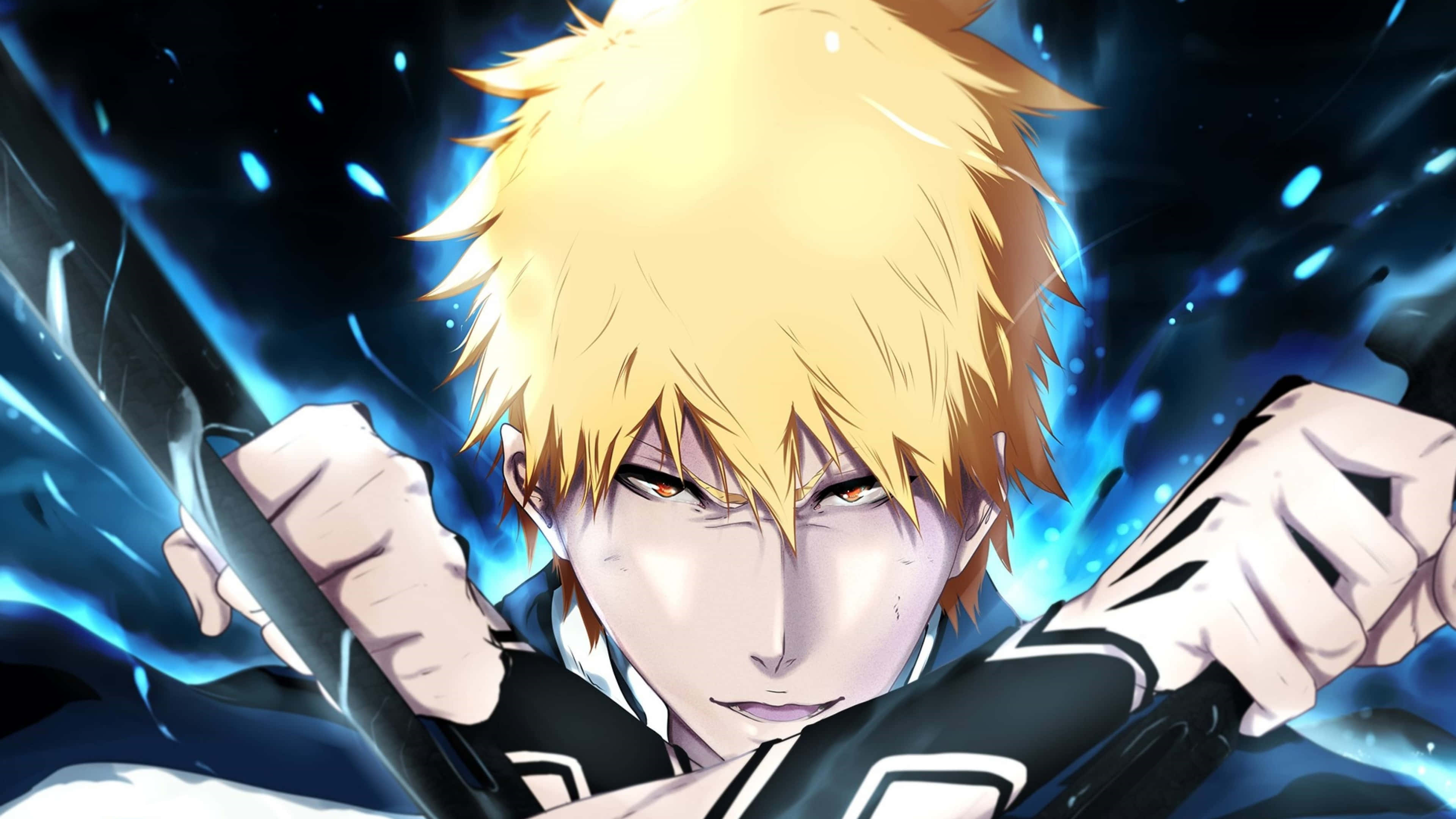 Ichigo 4K 桌布 壁紙 — 一位堅定的動漫戰士，金色刺蝟頭，在黑暗的宇宙背景下緊握著一把發光的藍色劍。